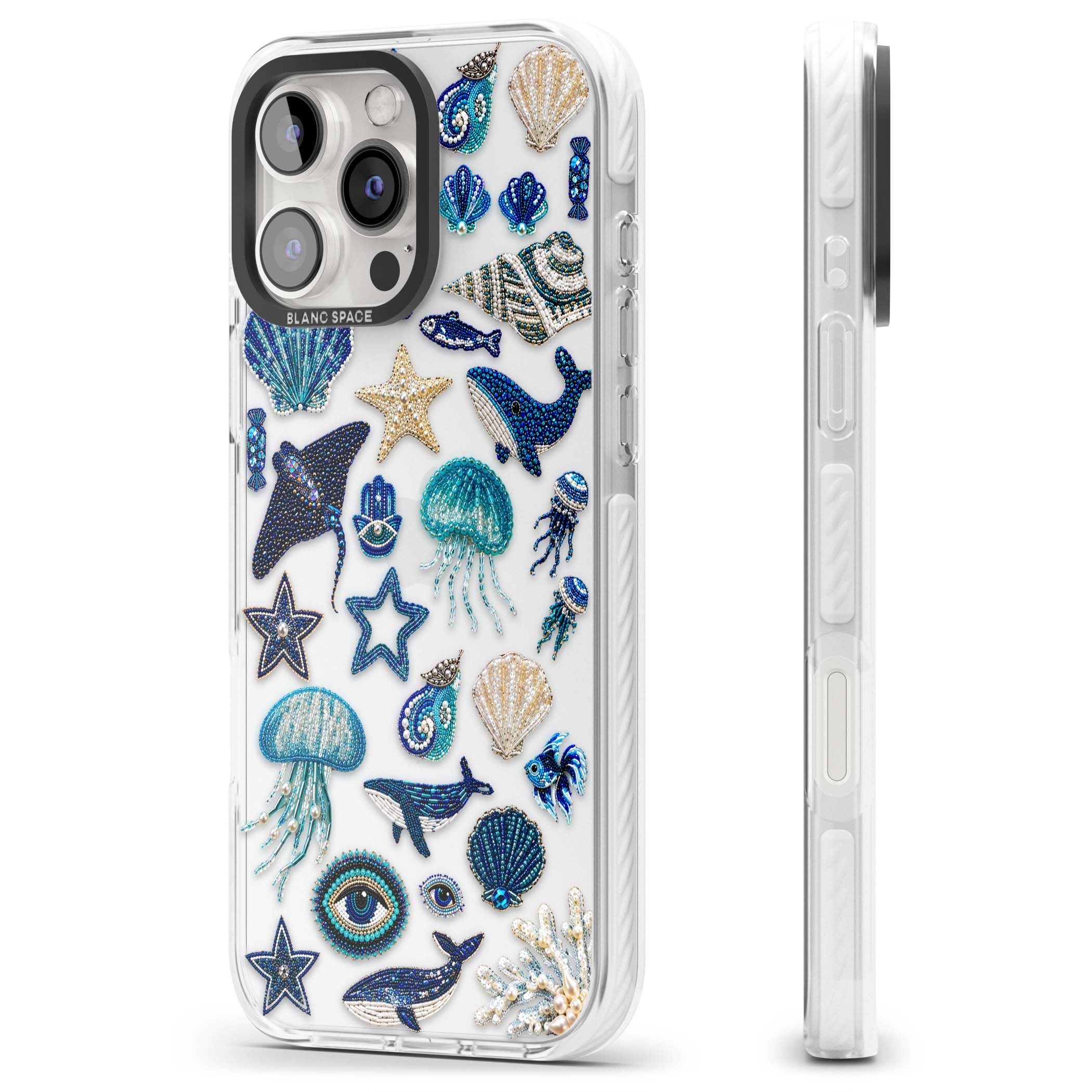 Beaded Coastal coastal iPhone case featuring embroidered seashells, jellyfish and a blue whale on clear | Clear Impact case for iPhone 16 Pro, iPhone 16 Pro Max