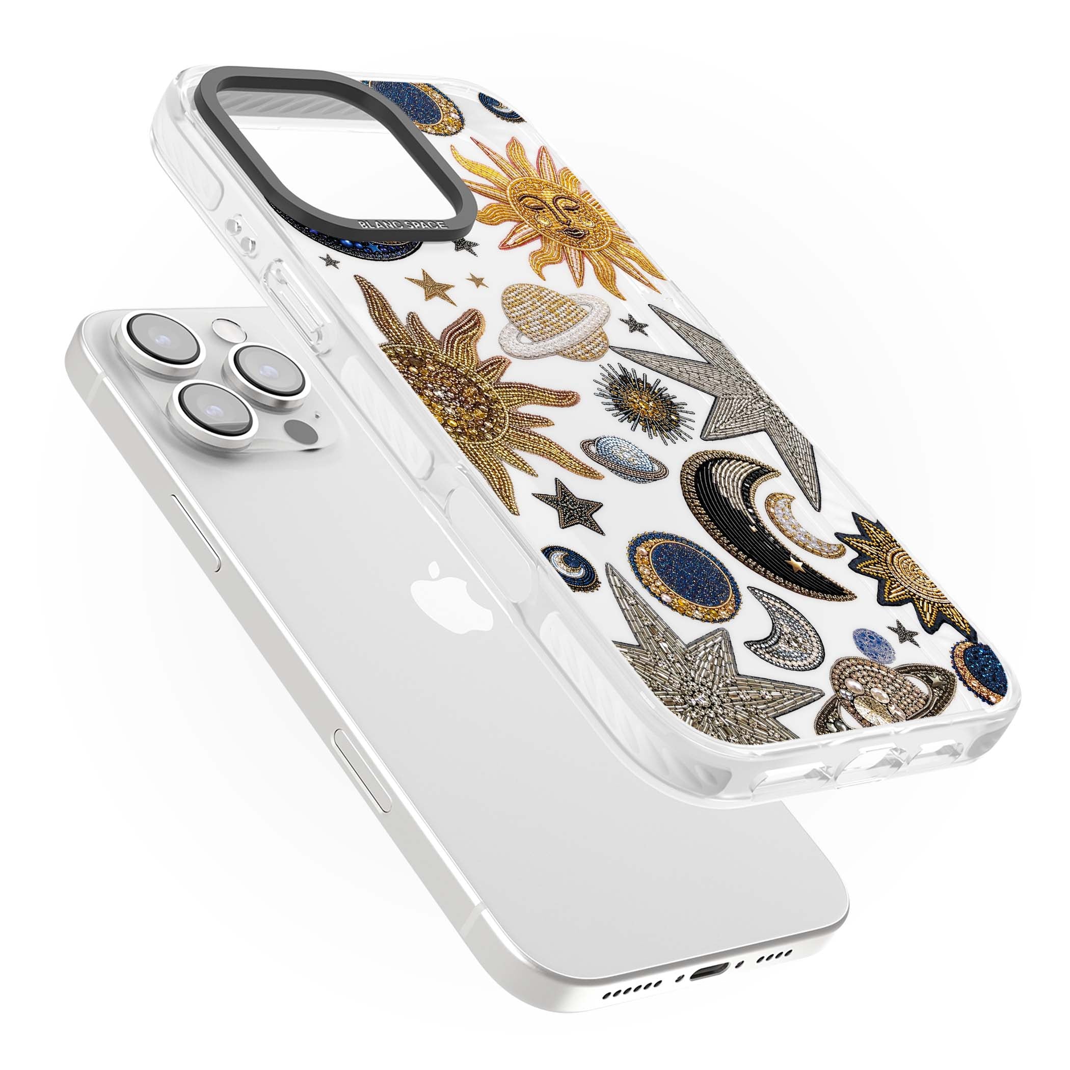 Beaded Cosmos celestial iPhone case featuring embroidered golden suns, beaded planets and silver shooting stars | Clear Impact case for iPhone 16 Pro, iPhone 16 Pro Max