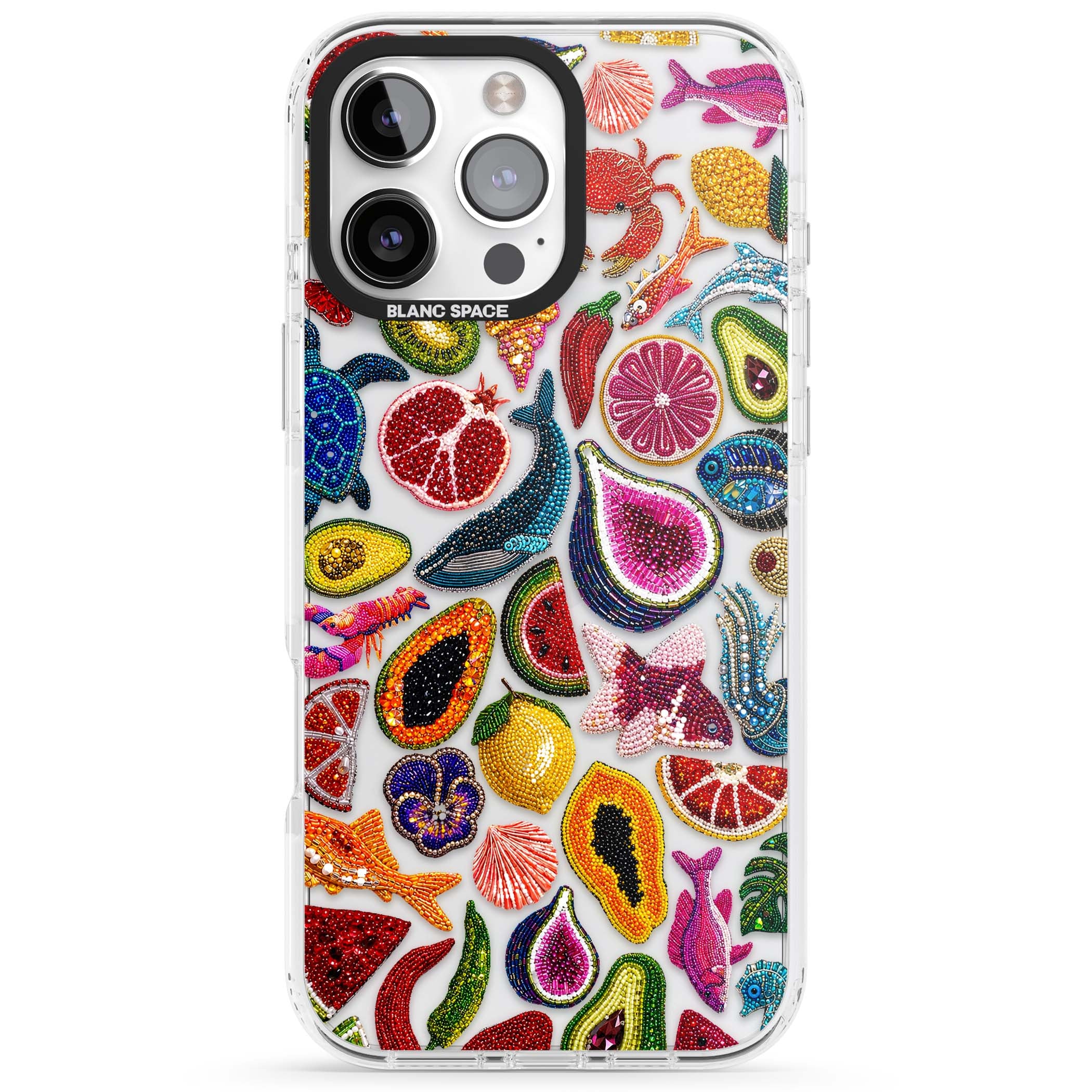 Beaded Tropic tropical iPhone case featuring beaded fruit, fish, crabs and seashells in vibrant colour | Clear Impact case for iPhone 16 Pro, iPhone 16 Pro Max