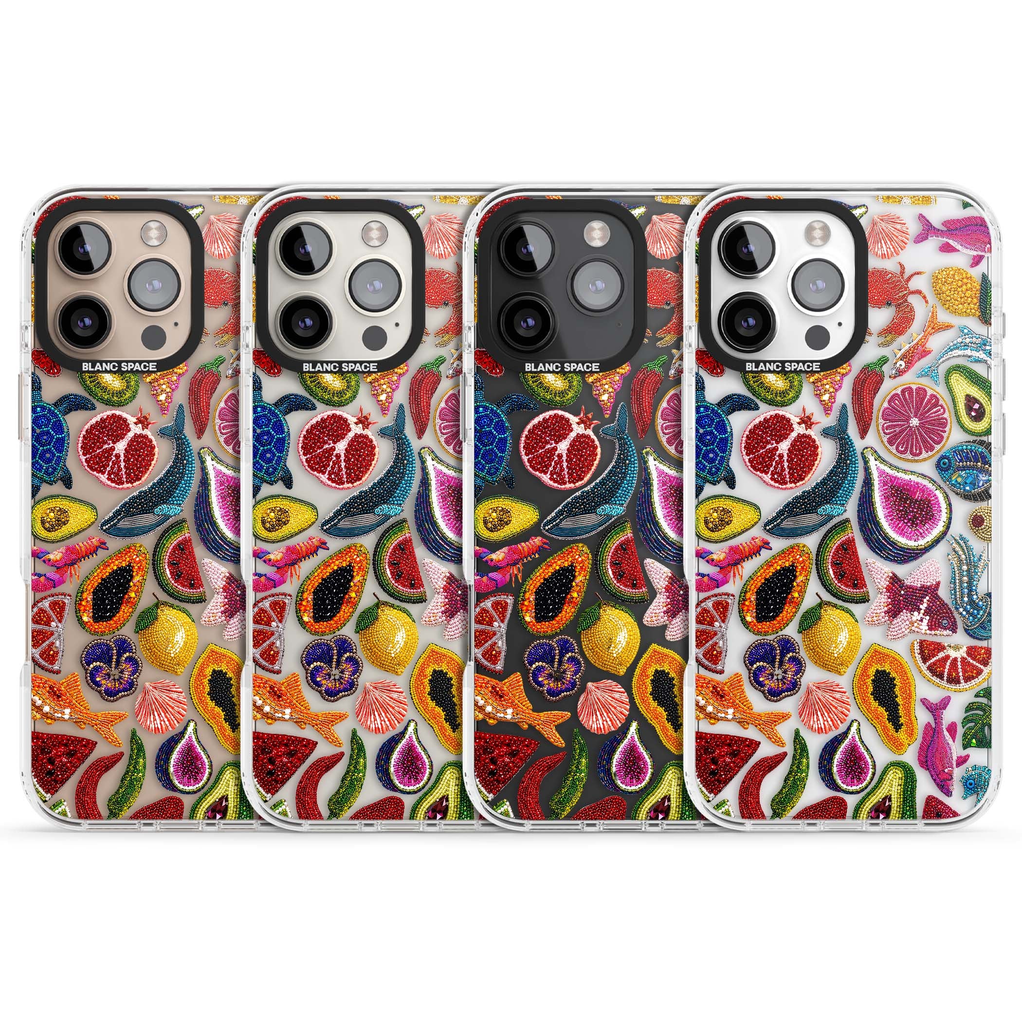 Beaded Tropic tropical iPhone case featuring beaded fruit, fish, crabs and seashells in vibrant colour | Clear Impact case for iPhone 16 Pro, iPhone 16 Pro Max