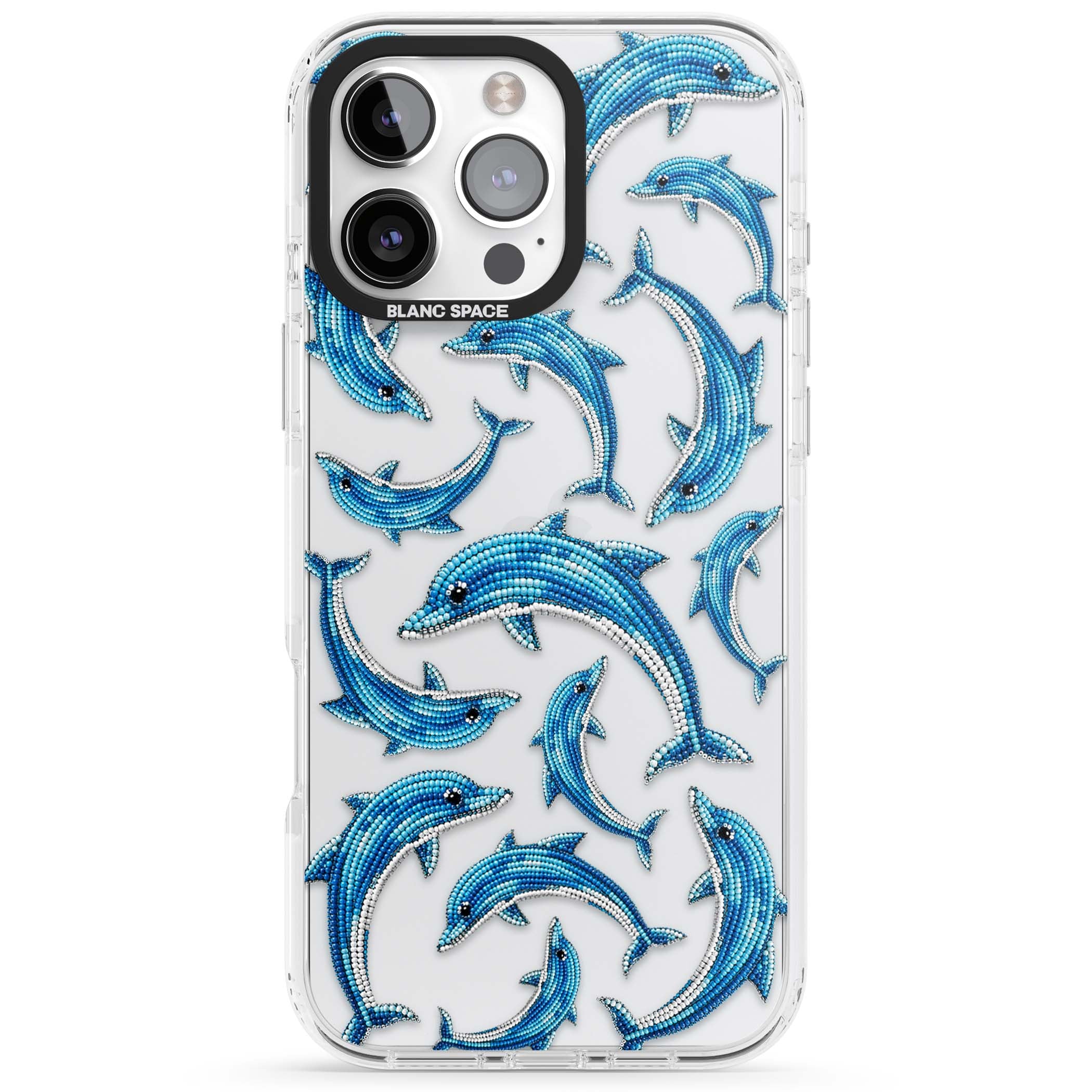 Beaded Dolphins coastal iPhone case featuring beaded dolphins in blue and white swimming across a clear background | Clear Impact case for iPhone 16 Pro, iPhone 16 Pro Max