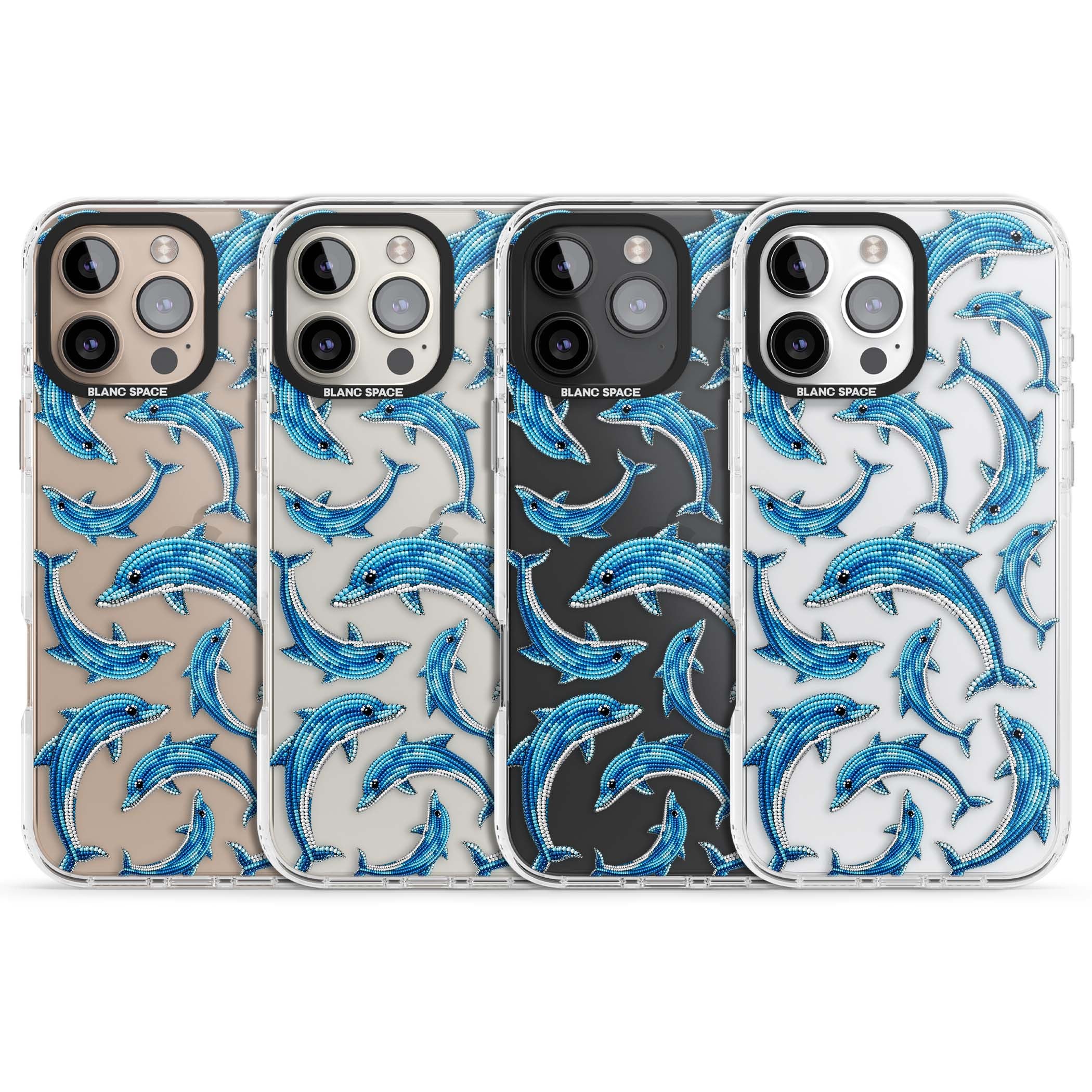 Beaded Dolphins coastal iPhone case featuring beaded dolphins in blue and white swimming across a clear background | Clear Impact case for iPhone 16 Pro, iPhone 16 Pro Max