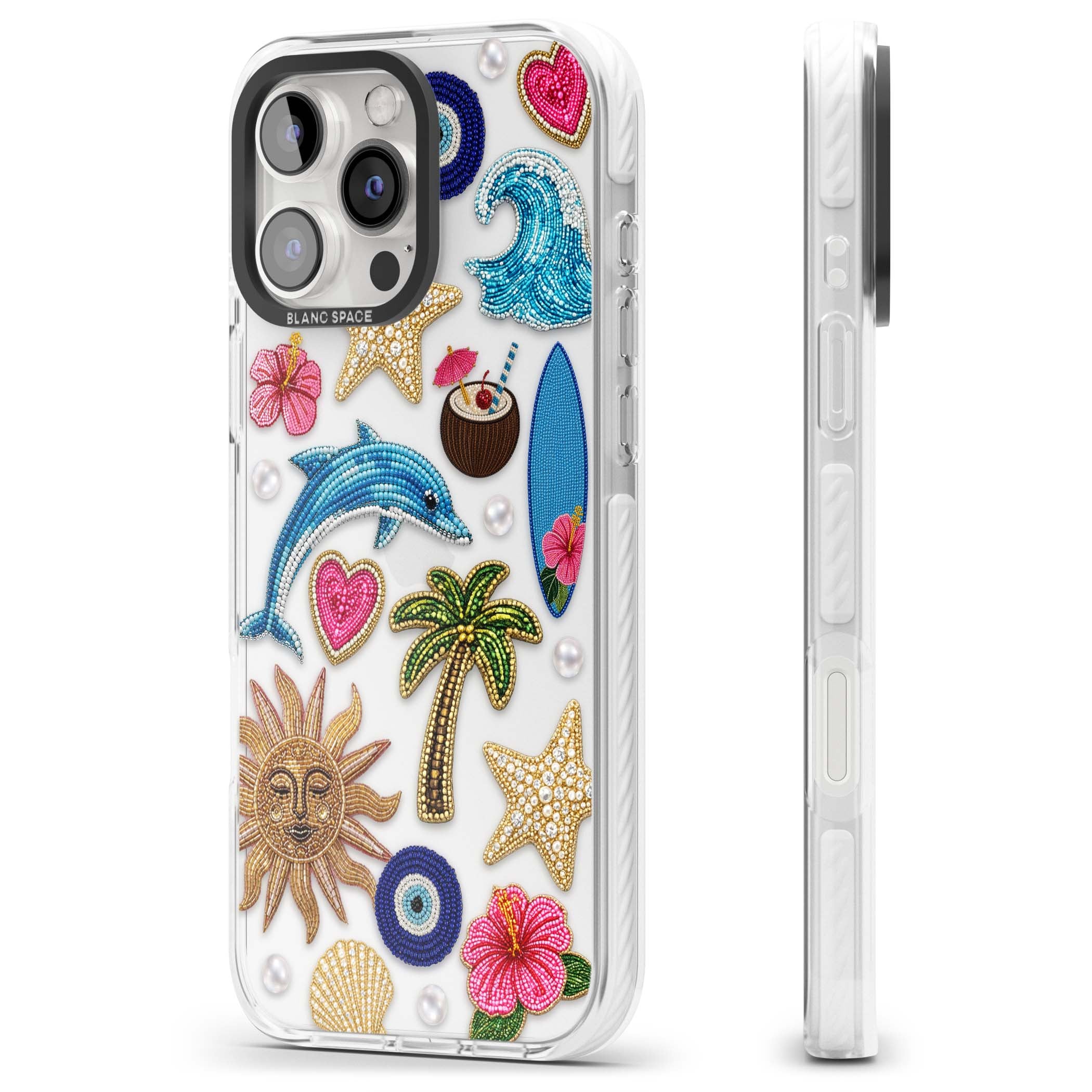 Beaded Beach coastal summer iPhone case featuring embroidered evil eye, hibiscus flowers, dolphin and palm tree patches | Clear Impact case for iPhone 16 Pro, iPhone 16 Pro Max