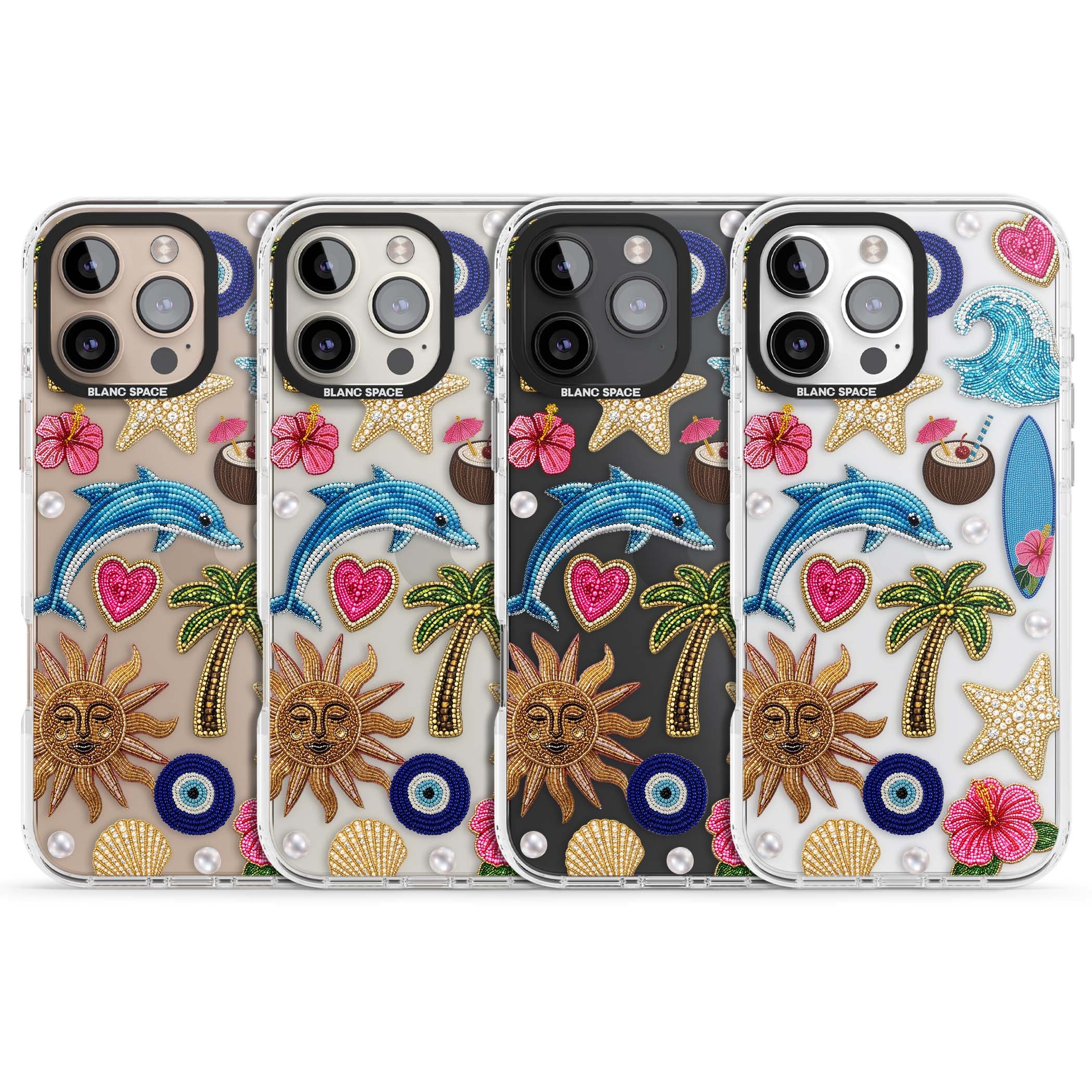 Beaded Beach coastal summer iPhone case featuring embroidered evil eye, hibiscus flowers, dolphin and palm tree patches | Clear Impact case for iPhone 16 Pro, iPhone 16 Pro Max