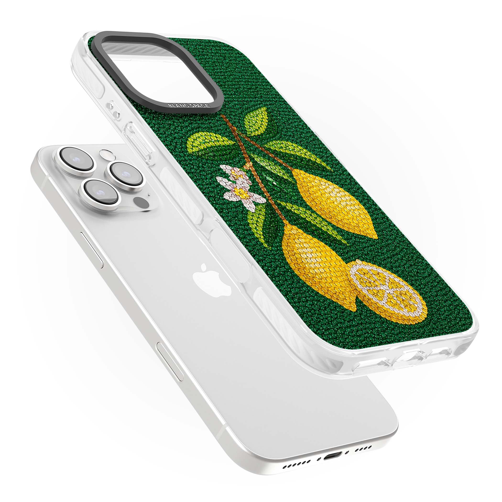 Beaded Lemons coastal iPhone case featuring crystal-beaded lemons, citrus blossom and green leaves on emerald ground | Clear Impact case for iPhone 16 Pro, iPhone 16 Pro Max