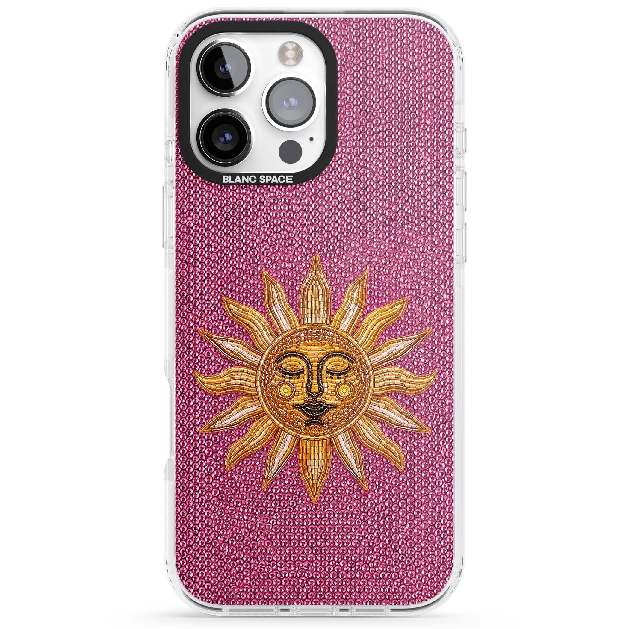 Beaded Sun celestial iPhone case featuring a golden beaded sun face with radiant rays on hot pink beaded background | Clear Impact case for iPhone 16 Pro, iPhone 16 Pro Max
