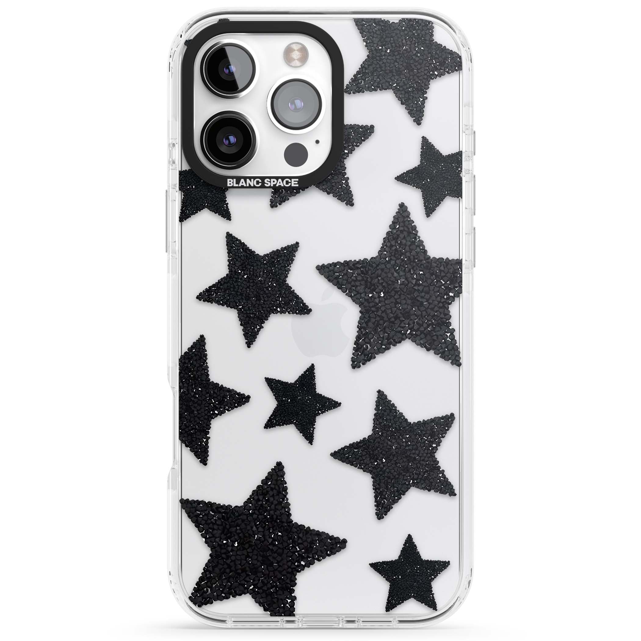Beaded Black Stars celestial iPhone case featuring black glitter beaded stars scattered on a clear background | Clear Impact case for iPhone 16 Pro, iPhone 16 Pro Max