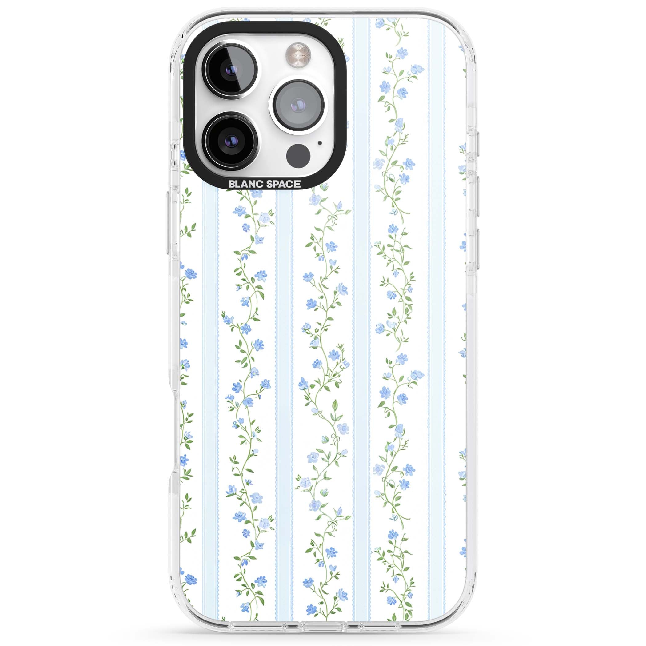 Bluebell Vine cottagecore iPhone case featuring climbing blue roses, trailing green vines, and pale ticking stripes | Clear Impact case for iPhone 16 Pro, iPhone 16 Pro Max