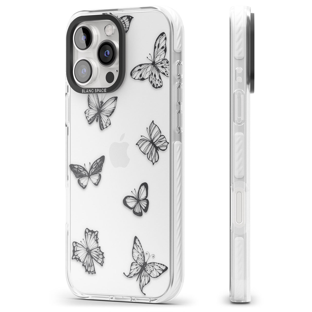 iPhone 16 Pro Max Grey Butterfly Line Pattern Black Impact Phone Case