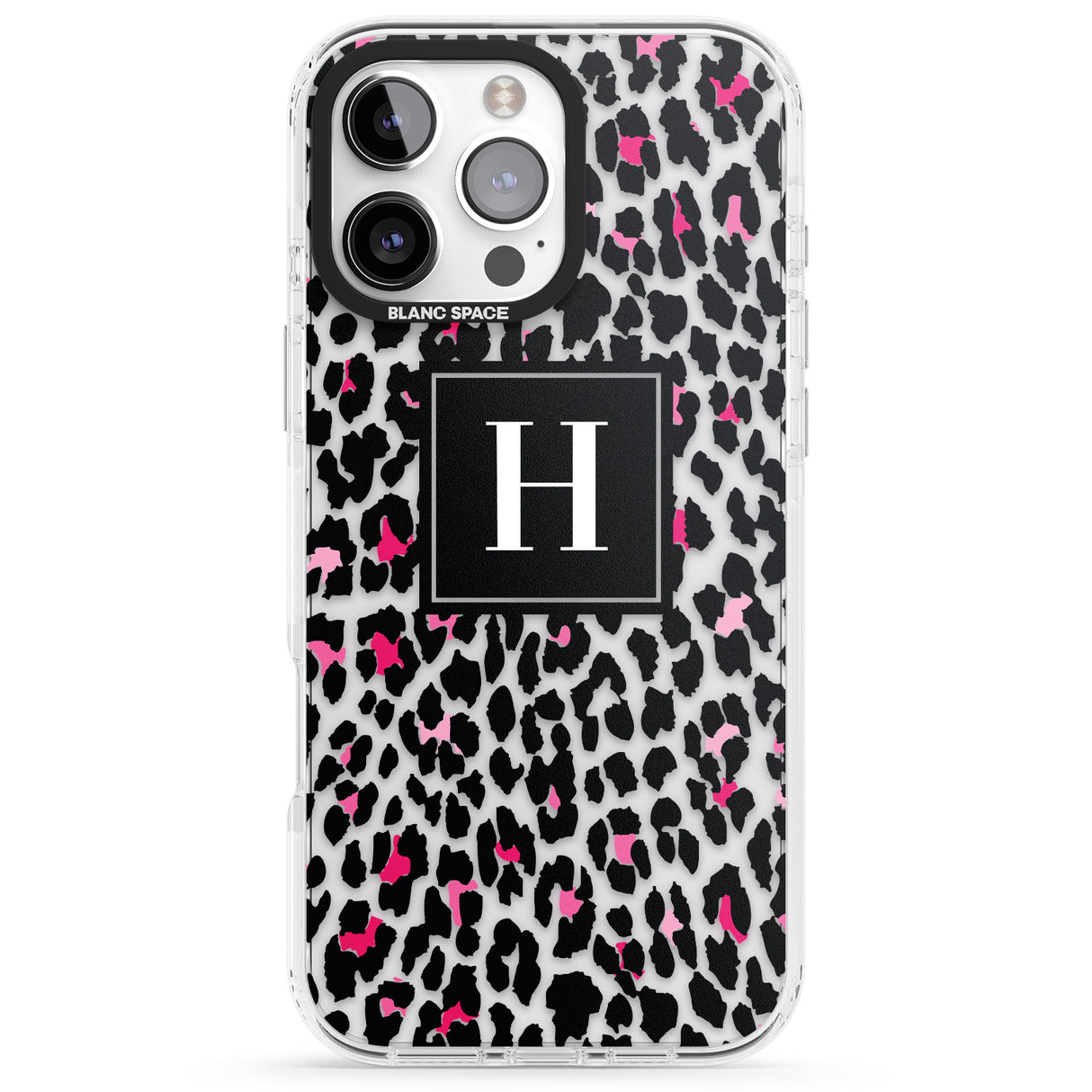 iPhone 16 Pro Max Personalised Pink Monogram Leopard Spots Black Impact Phone Case