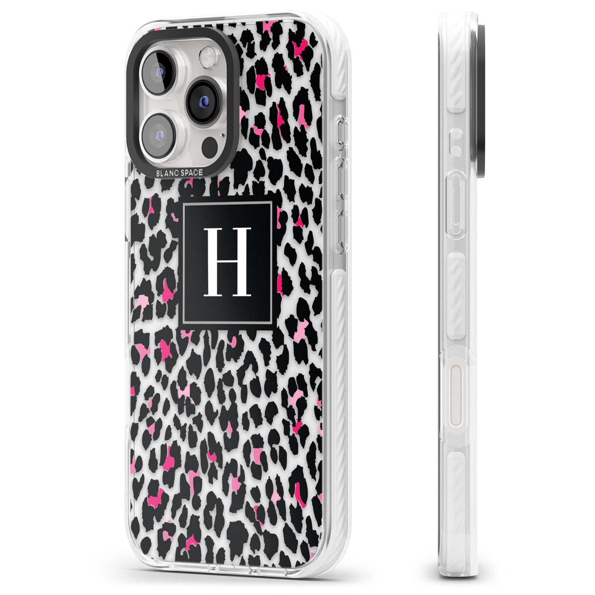 iPhone 16 Pro Max Personalised Pink Monogram Leopard Spots Black Impact Phone Case