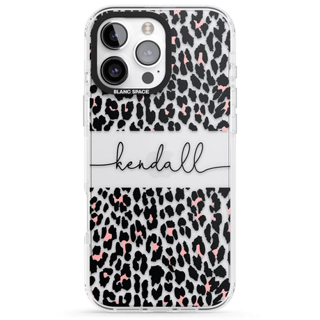 iPhone 16 Pro Max Personalised Pink & Cursive Leopard Spots Black Impact Phone Case