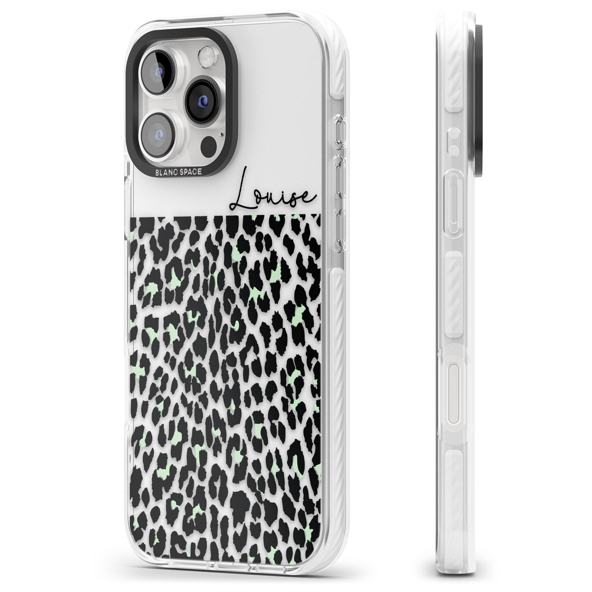 iPhone 16 Pro Max Personalised Seafoam Green & Cursive Leopard Spots Black Impact Phone Case