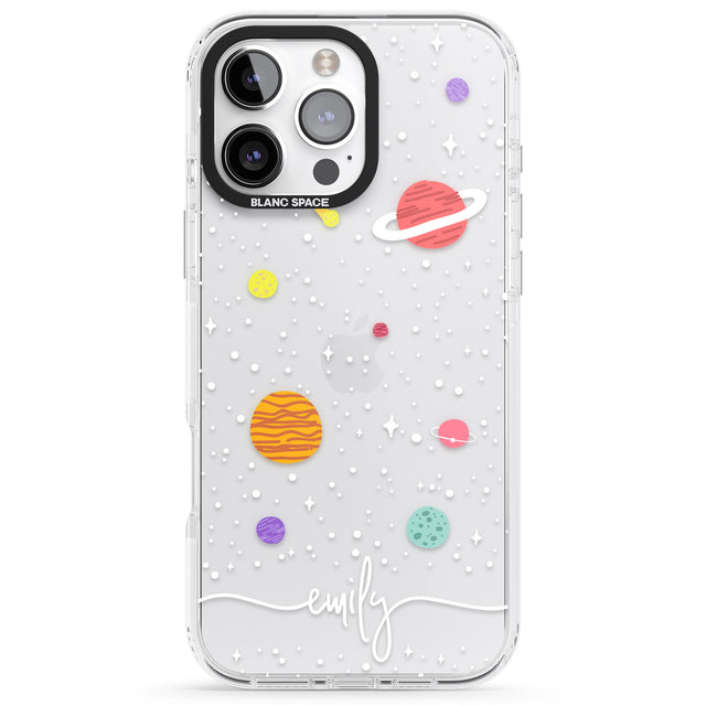 iPhone 16 Pro Max Personalised Cute Cartoon Planets (Clear) Black Impact Phone Case