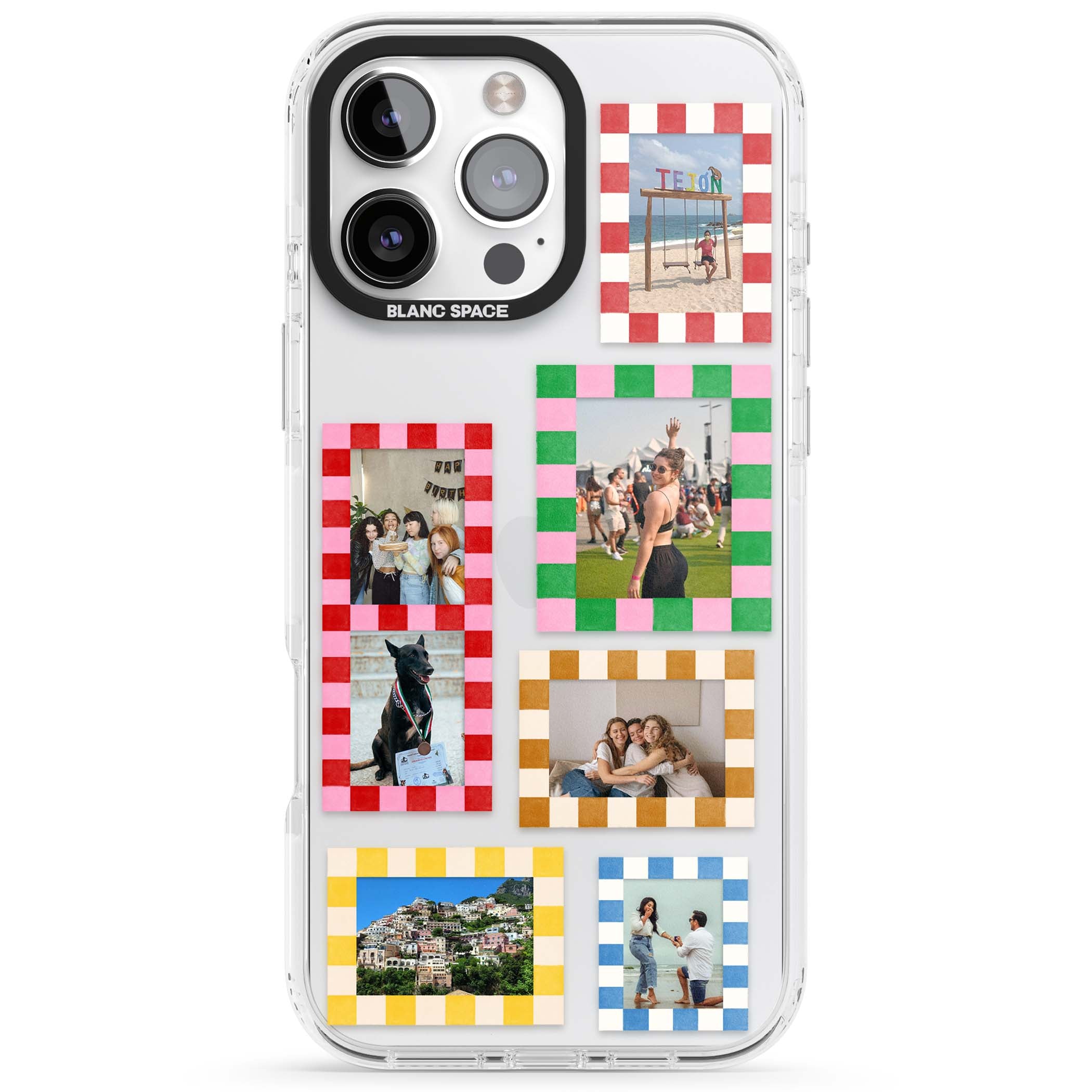 Italian Check Frames custom photo collage iPhone case featuring six checkered photo frames in red, green, pink and  | Clear Impact case for iPhone 16 Pro, iPhone 16 Pro Max