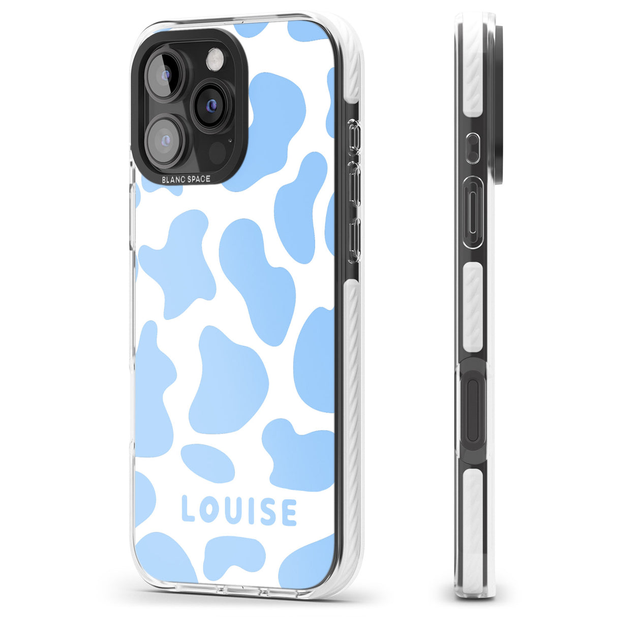 iPhone 16 Pro Max Personalised Blue and White Cow Print Black Impact Phone Case