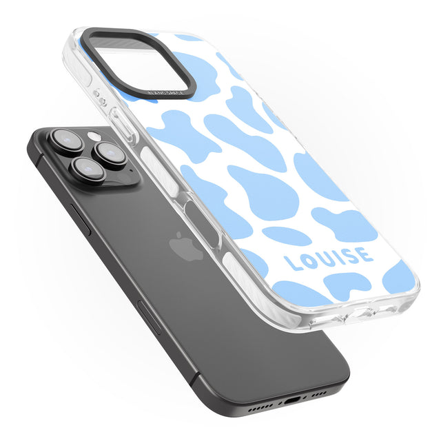 iPhone 16 Pro Max Personalised Blue and White Cow Print Black Impact Phone Case