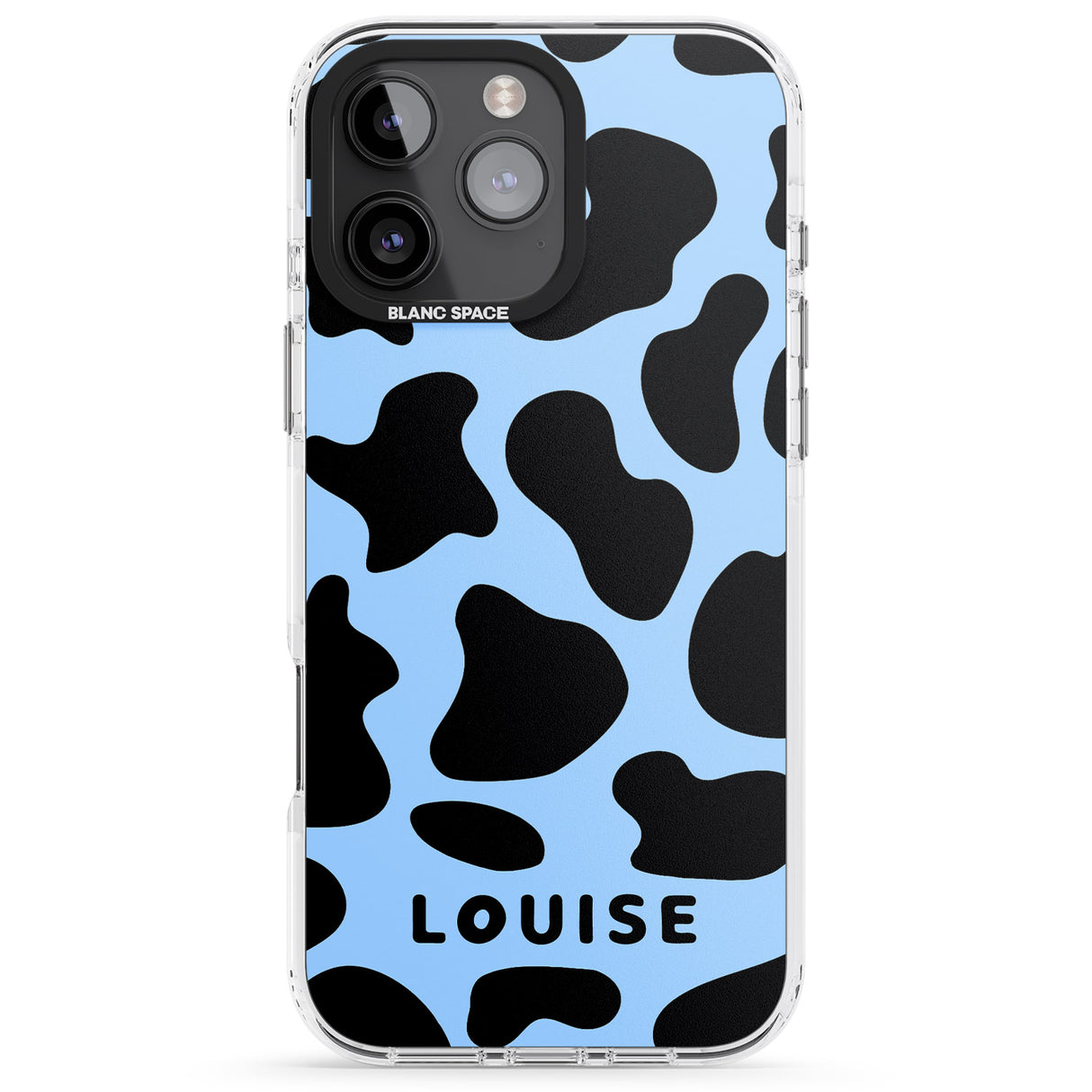 iPhone 16 Pro Max Personalised Blue and Black Cow Print Black Impact Phone Case