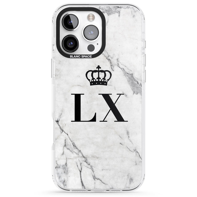 iPhone 16 Pro Max Personalised Initials with Crown on White Marble Black Impact Phone Case