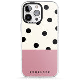 iPhone 16 Pro Max Personalised Pink Border Polka Dot Black Impact Phone Case