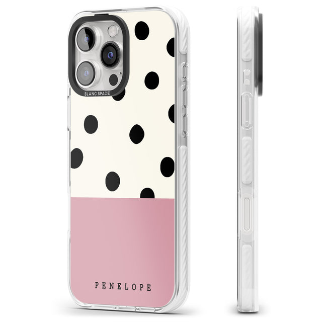 iPhone 16 Pro Max Personalised Pink Border Polka Dot Black Impact Phone Case