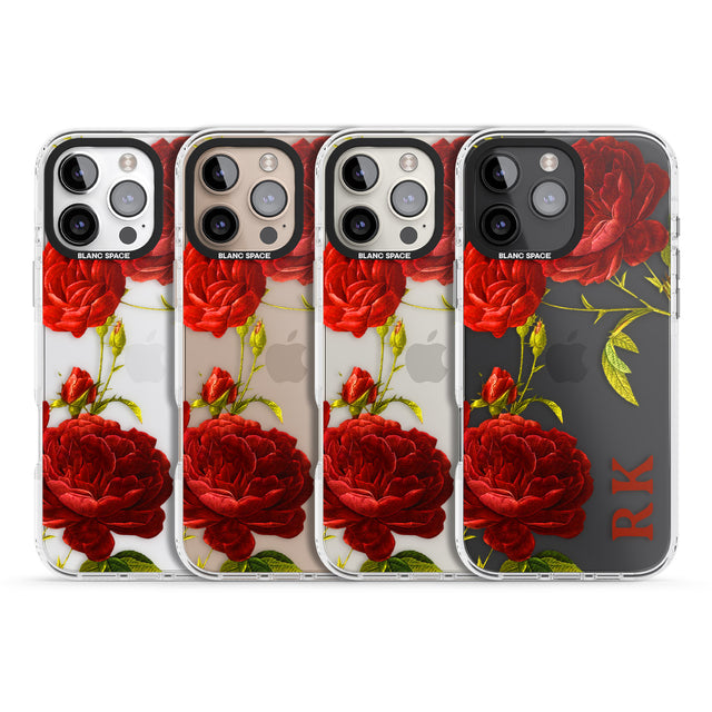 iPhone 16 Pro Max Personalised Clear Vintage Floral Red Roses Black Impact Phone Case