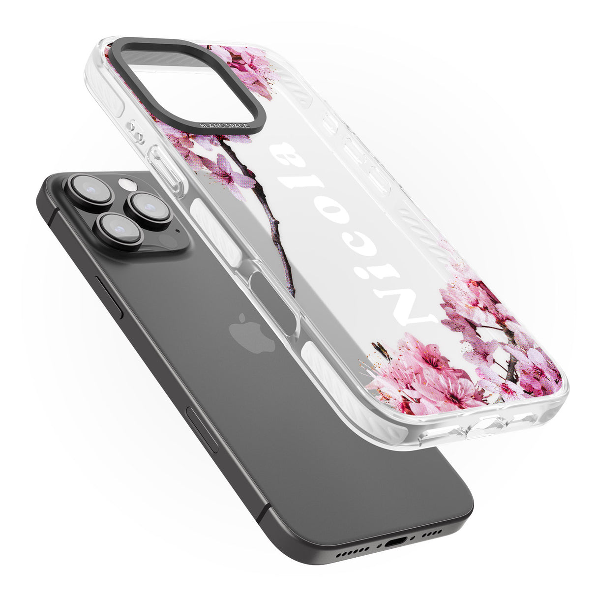 iPhone 16 Pro Max Personalised Cherry Blossoms with Text Black Impact Phone Case