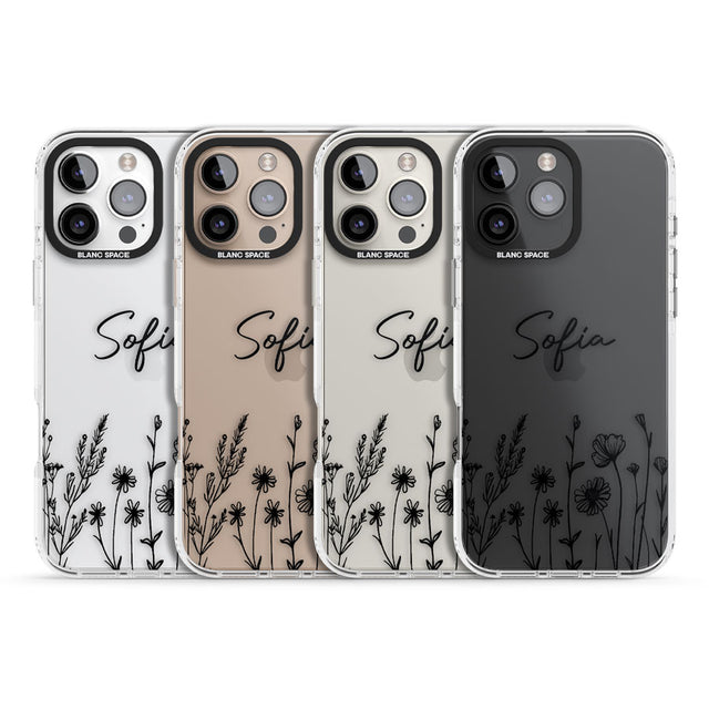 Personalised Black Wildflowers Impact Phone Case for iPhone 16 Pro, iPhone 16 Pro Max