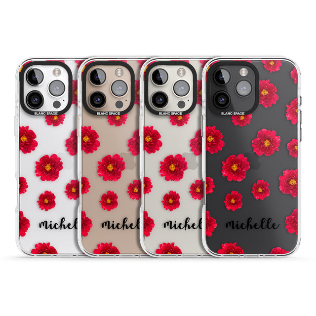 iPhone 16 Pro Max Personalised Red Peonies & Cursive Black Impact Phone Case