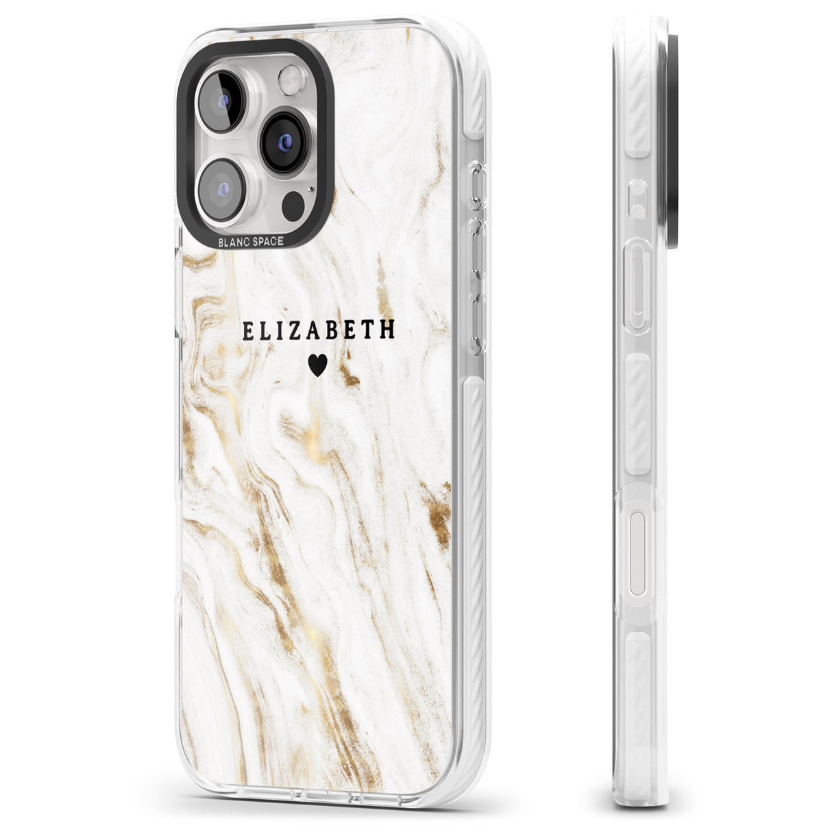 iPhone 16 Pro Max Personalised White & Gold Swirl Marble Black Impact Phone Case