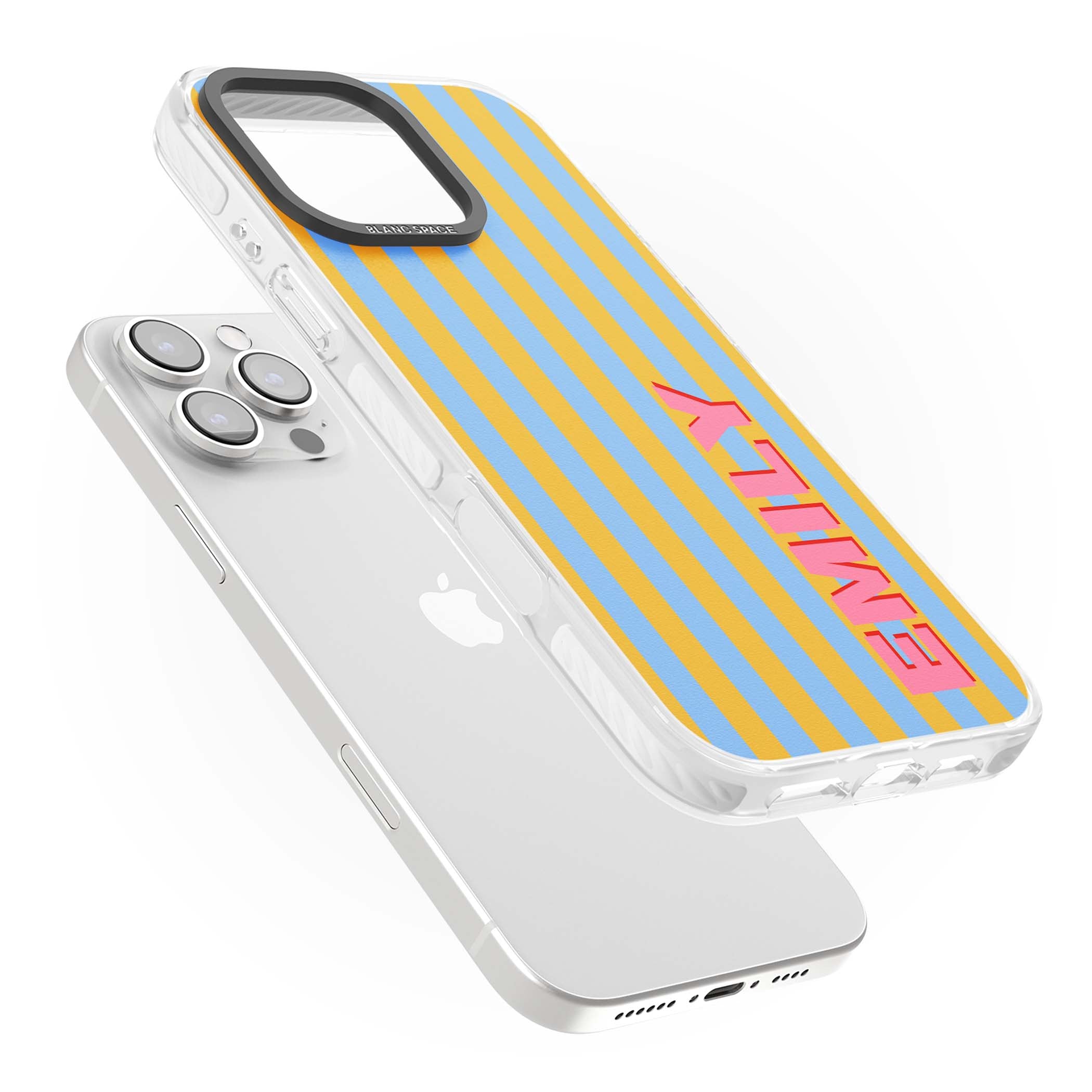 Carribean Stripe personalised coastal iPhone case with yellow and blue vertical stripes and a custom pink name | Clear Impact case for iPhone 16 Pro, iPhone 16 Pro Max