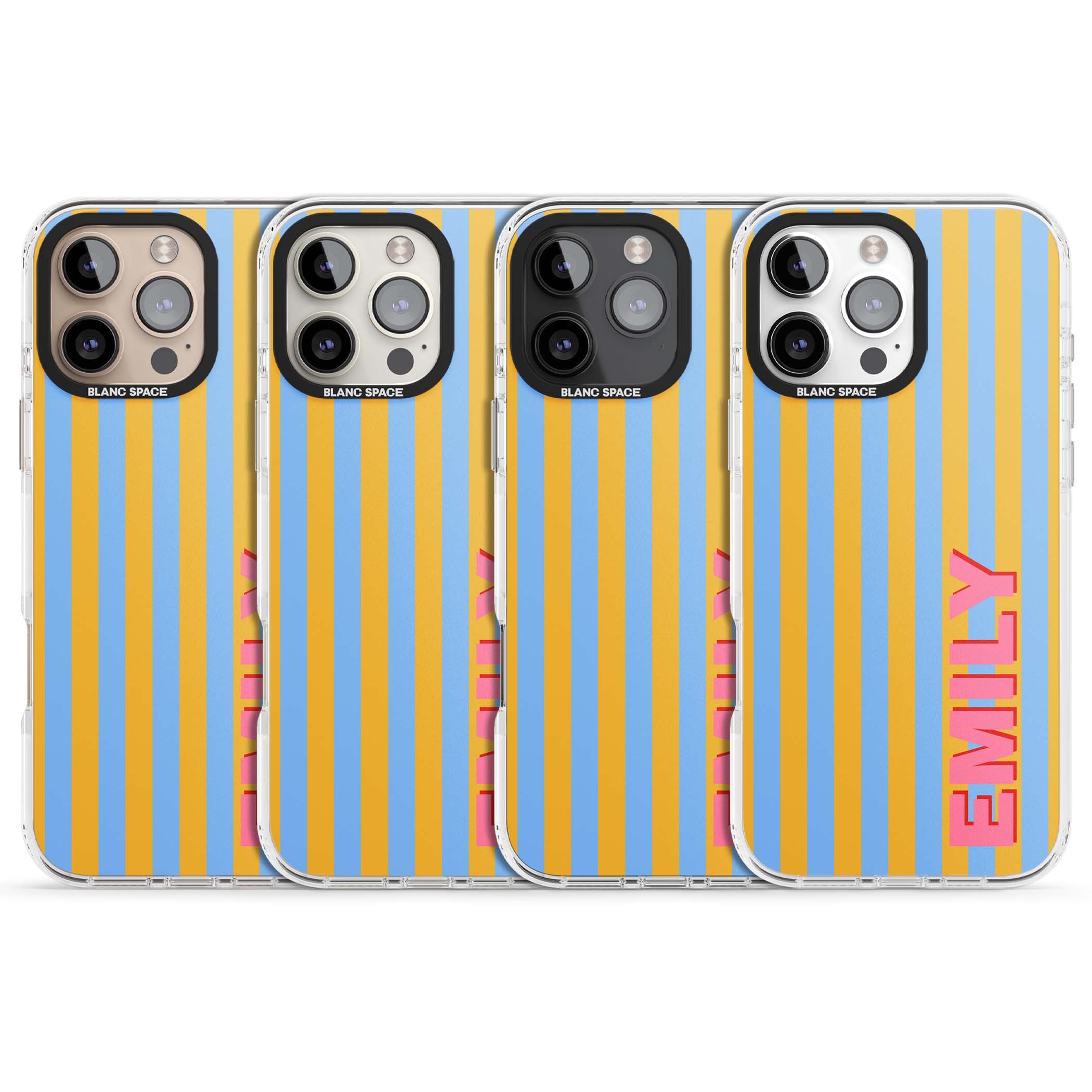 Carribean Stripe personalised coastal iPhone case with yellow and blue vertical stripes and a custom pink name | Clear Impact case for iPhone 16 Pro, iPhone 16 Pro Max