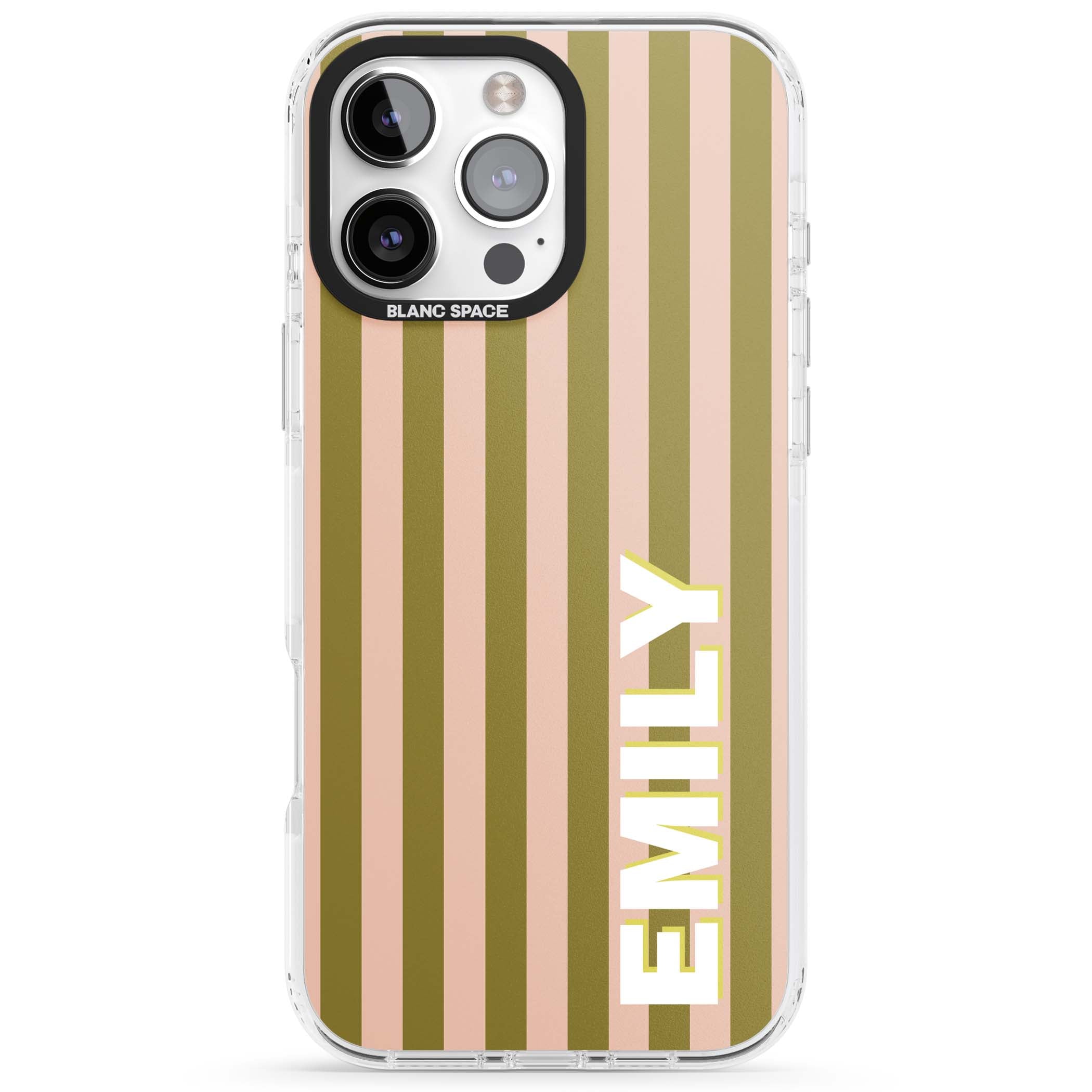Indian Stripe personalised iPhone case featuring olive green and blush pink vertical stripes with custom name in whit | Clear Impact case for iPhone 16 Pro, iPhone 16 Pro Max