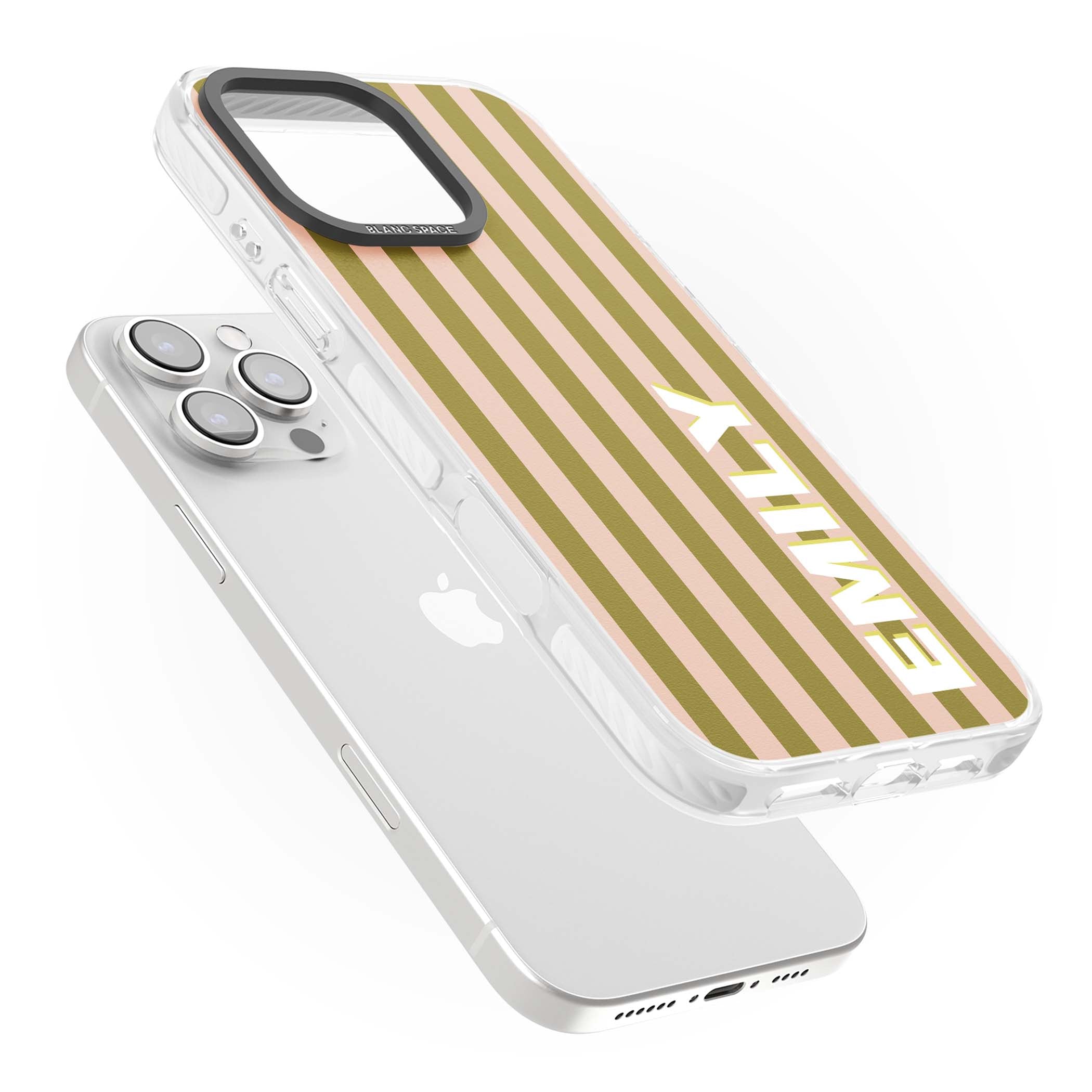 Indian Stripe personalised iPhone case featuring olive green and blush pink vertical stripes with custom name in whit | Clear Impact case for iPhone 16 Pro, iPhone 16 Pro Max