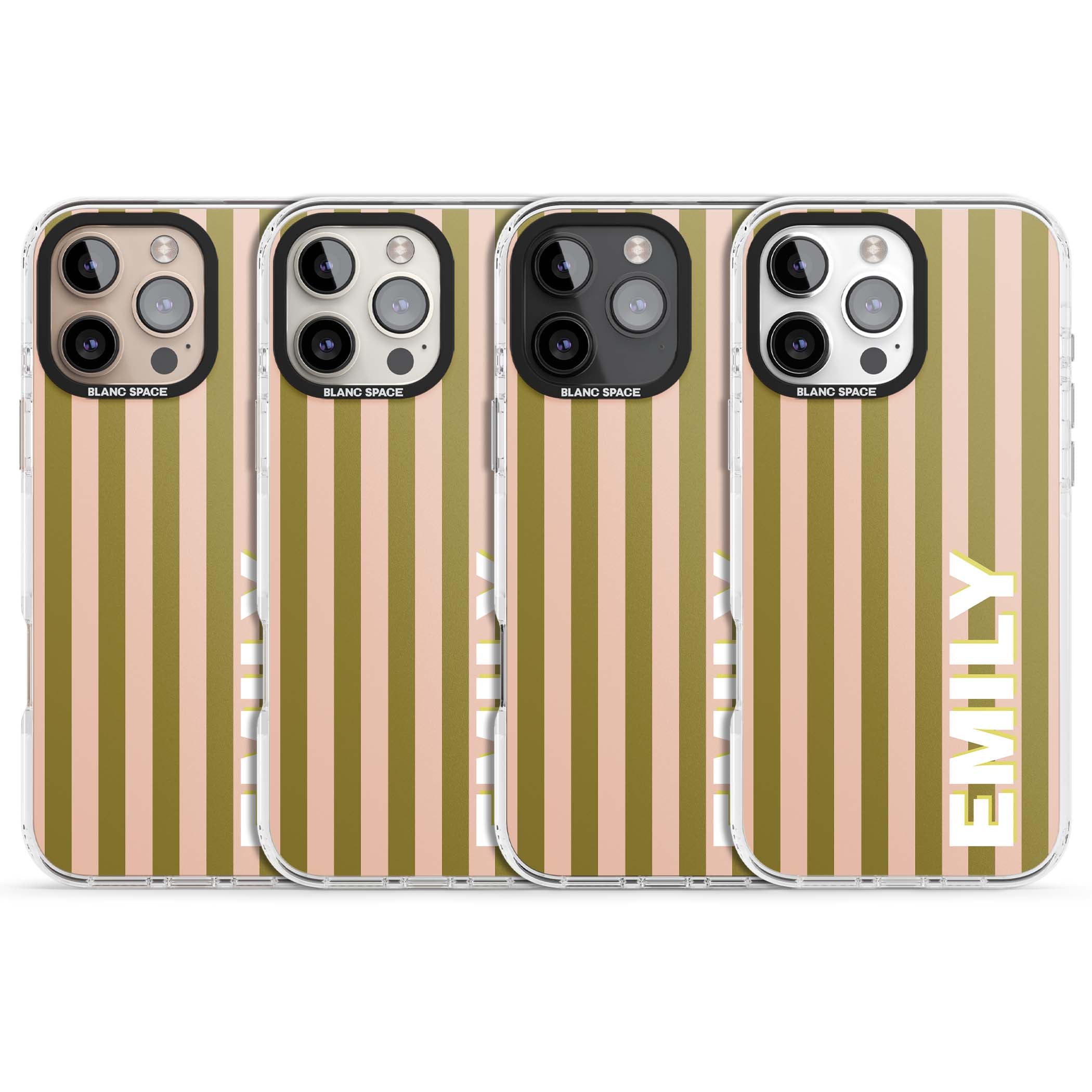 Indian Stripe personalised iPhone case featuring olive green and blush pink vertical stripes with custom name in whit | Clear Impact case for iPhone 16 Pro, iPhone 16 Pro Max