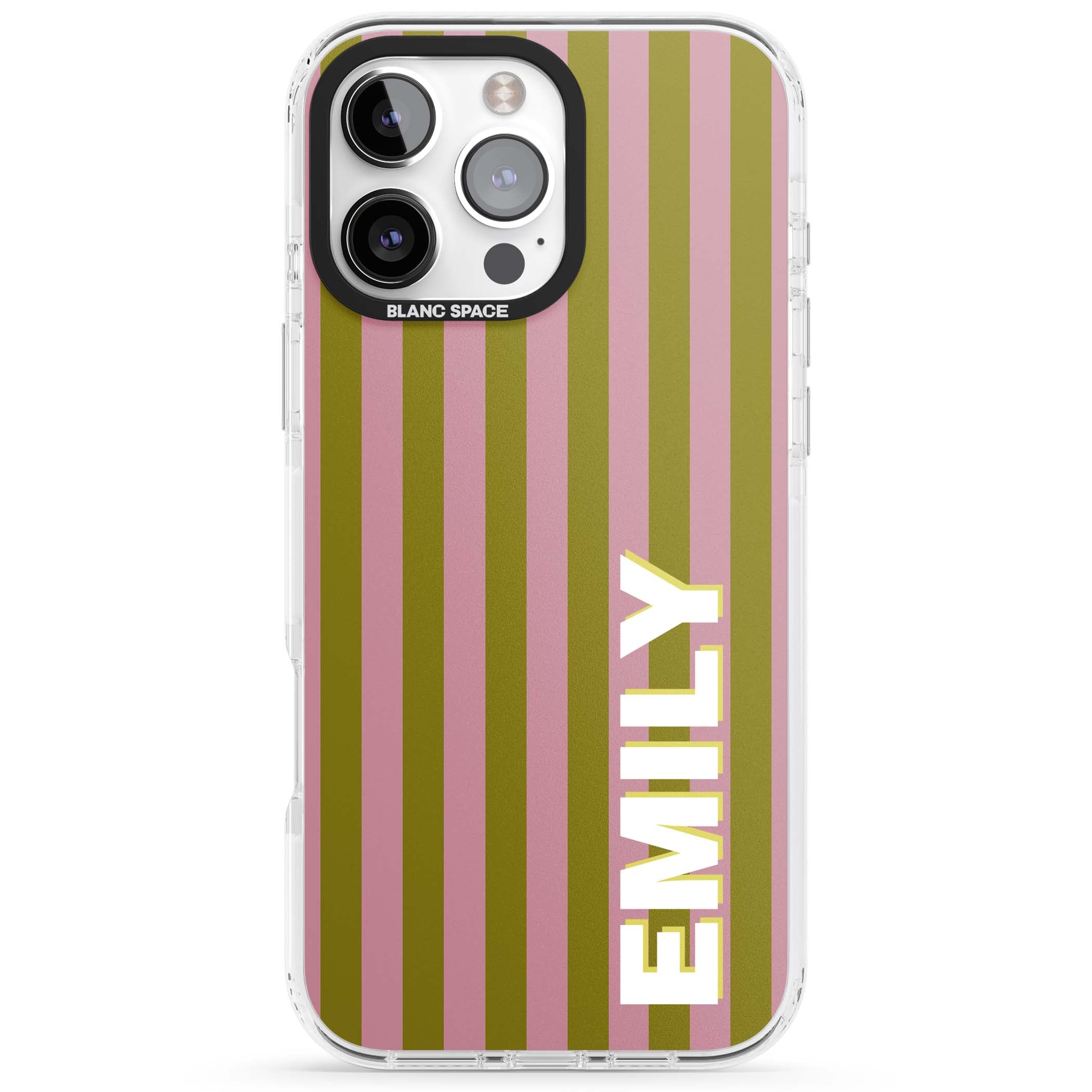 Istanbul Stripe personalised iPhone case featuring pink and olive green vertical stripes with a custom vertical name | Clear Impact case for iPhone 16 Pro, iPhone 16 Pro Max