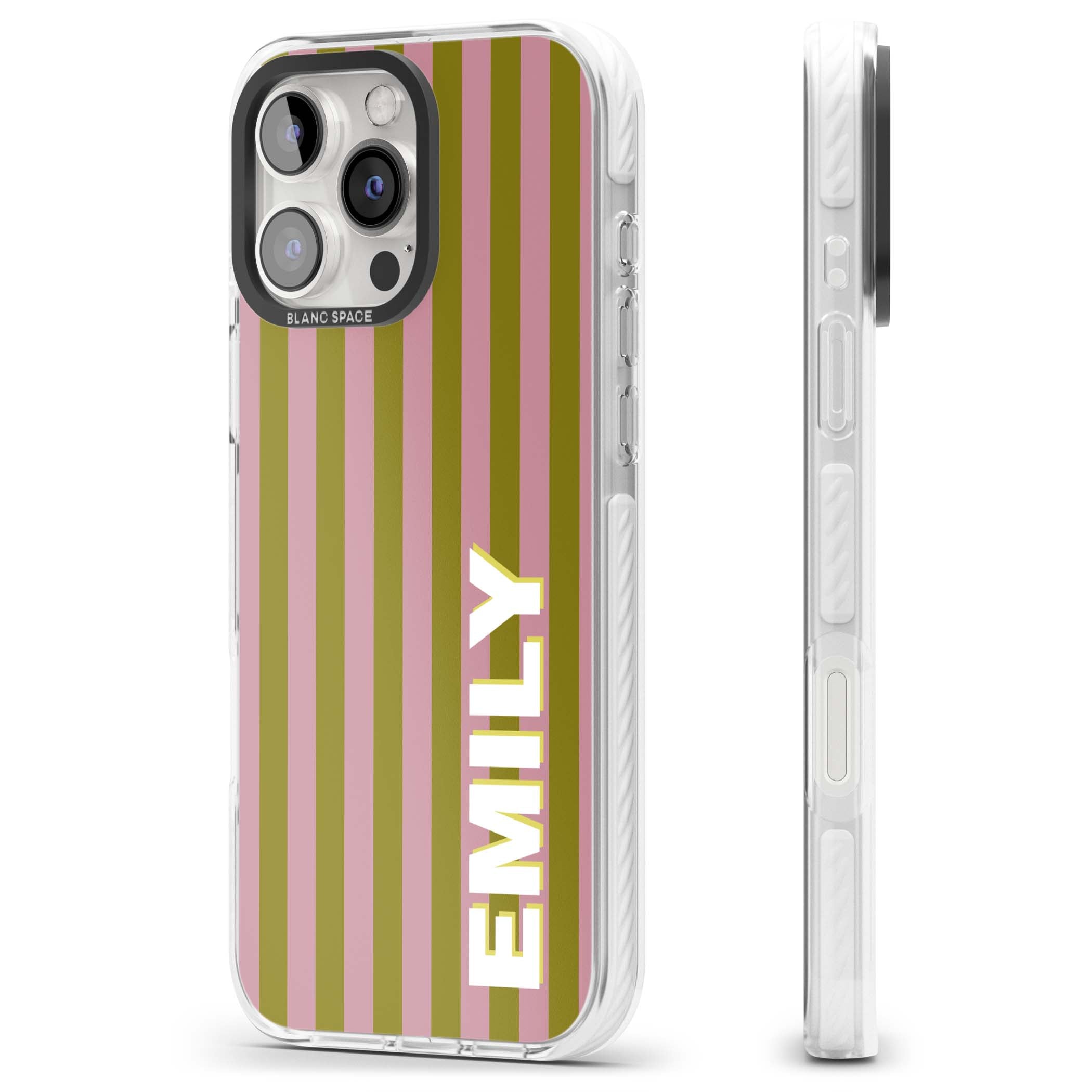 Istanbul Stripe personalised iPhone case featuring pink and olive green vertical stripes with a custom vertical name | Clear Impact case for iPhone 16 Pro, iPhone 16 Pro Max