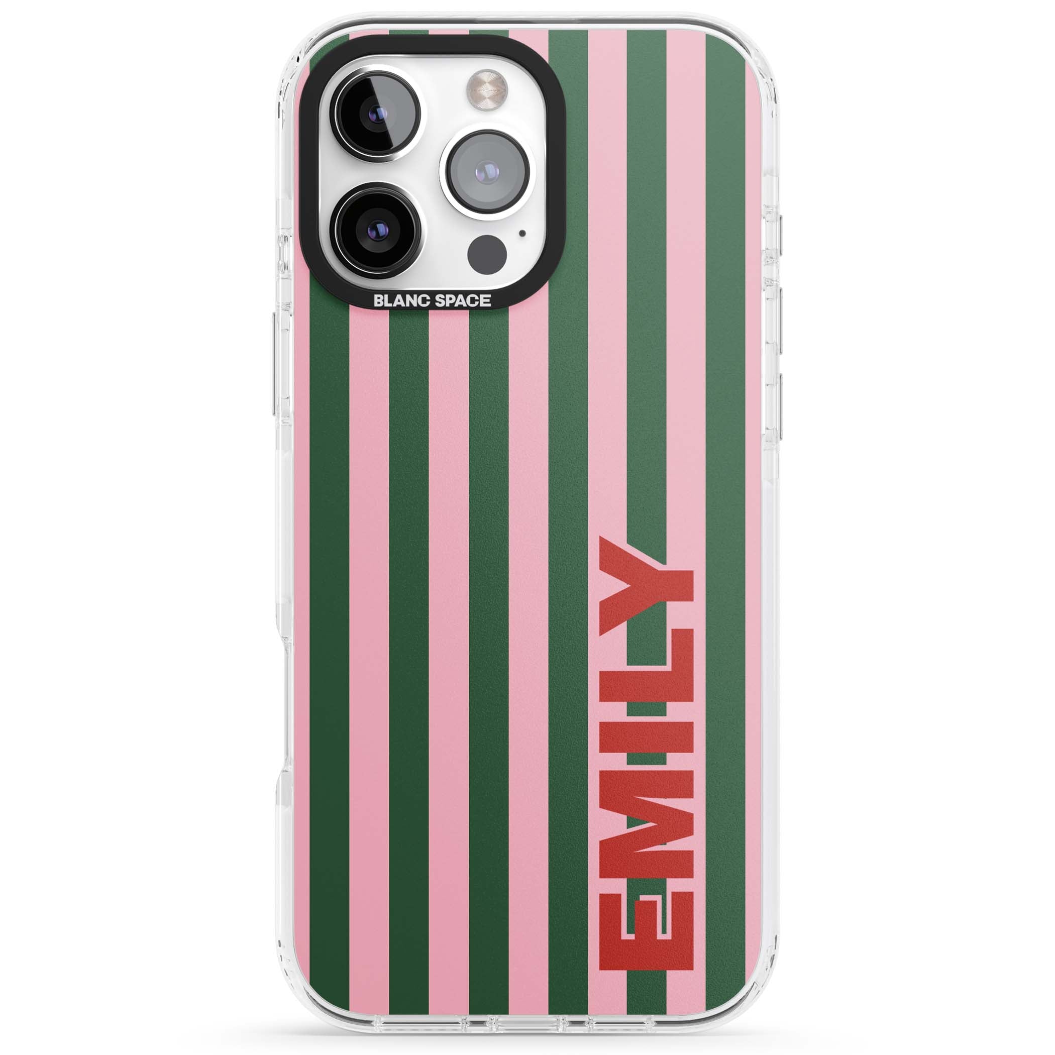 Italian Stripe preppy iPhone case featuring pink and green vertical stripes with personalised red name | Clear Impact case for iPhone 16 Pro, iPhone 16 Pro Max