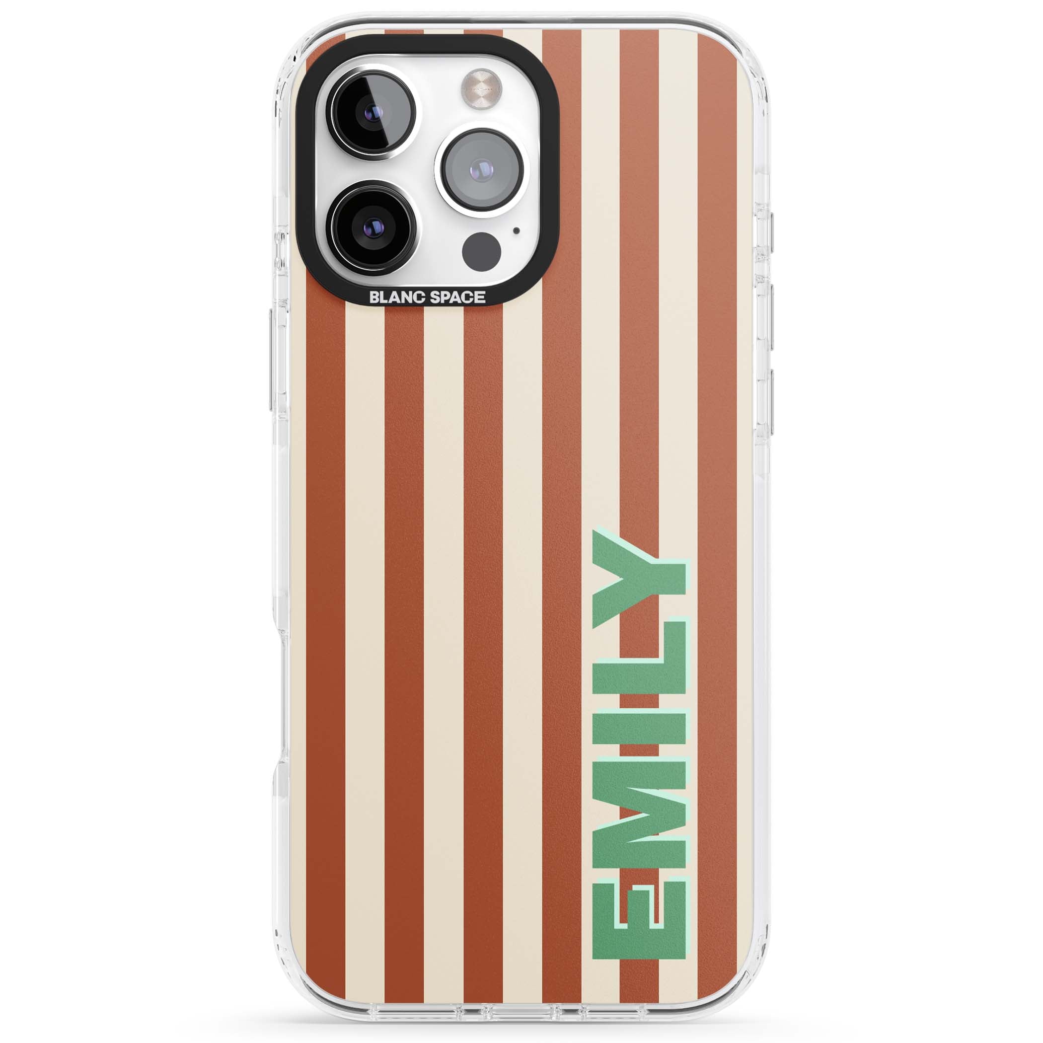 Dune Stripe personalised iPhone case with rust and cream vertical stripes and custom name in mint green | Clear Impact case for iPhone 16 Pro, iPhone 16 Pro Max