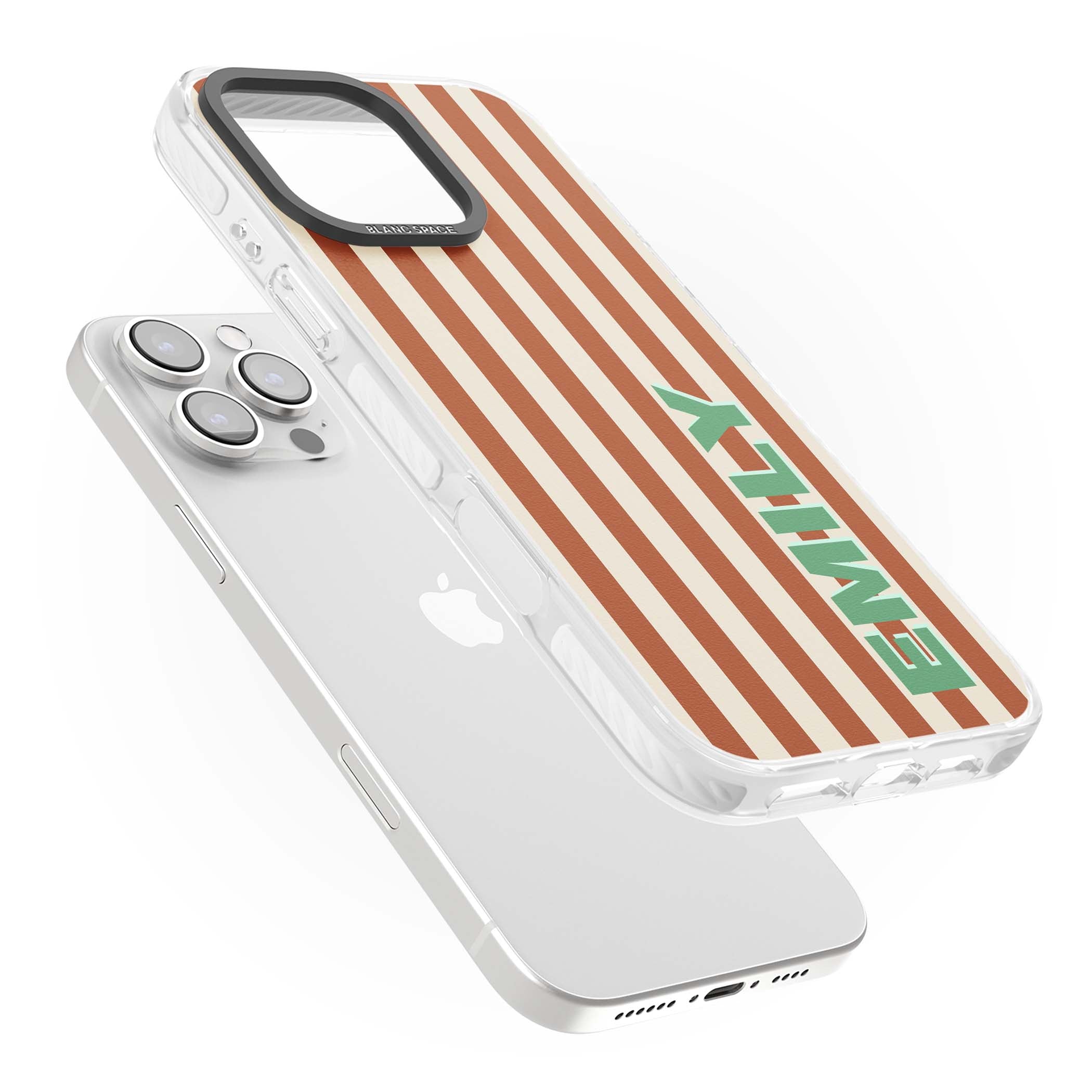 Dune Stripe personalised iPhone case with rust and cream vertical stripes and custom name in mint green | Clear Impact case for iPhone 16 Pro, iPhone 16 Pro Max