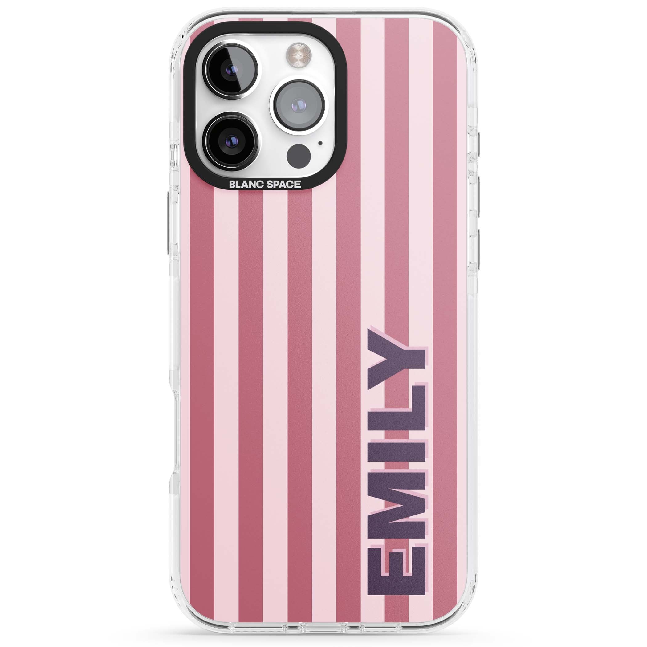 Victoria Stripe personalised iPhone case featuring pink vertical stripes and custom name in bold plum lettering | Clear Impact case for iPhone 16 Pro, iPhone 16 Pro Max