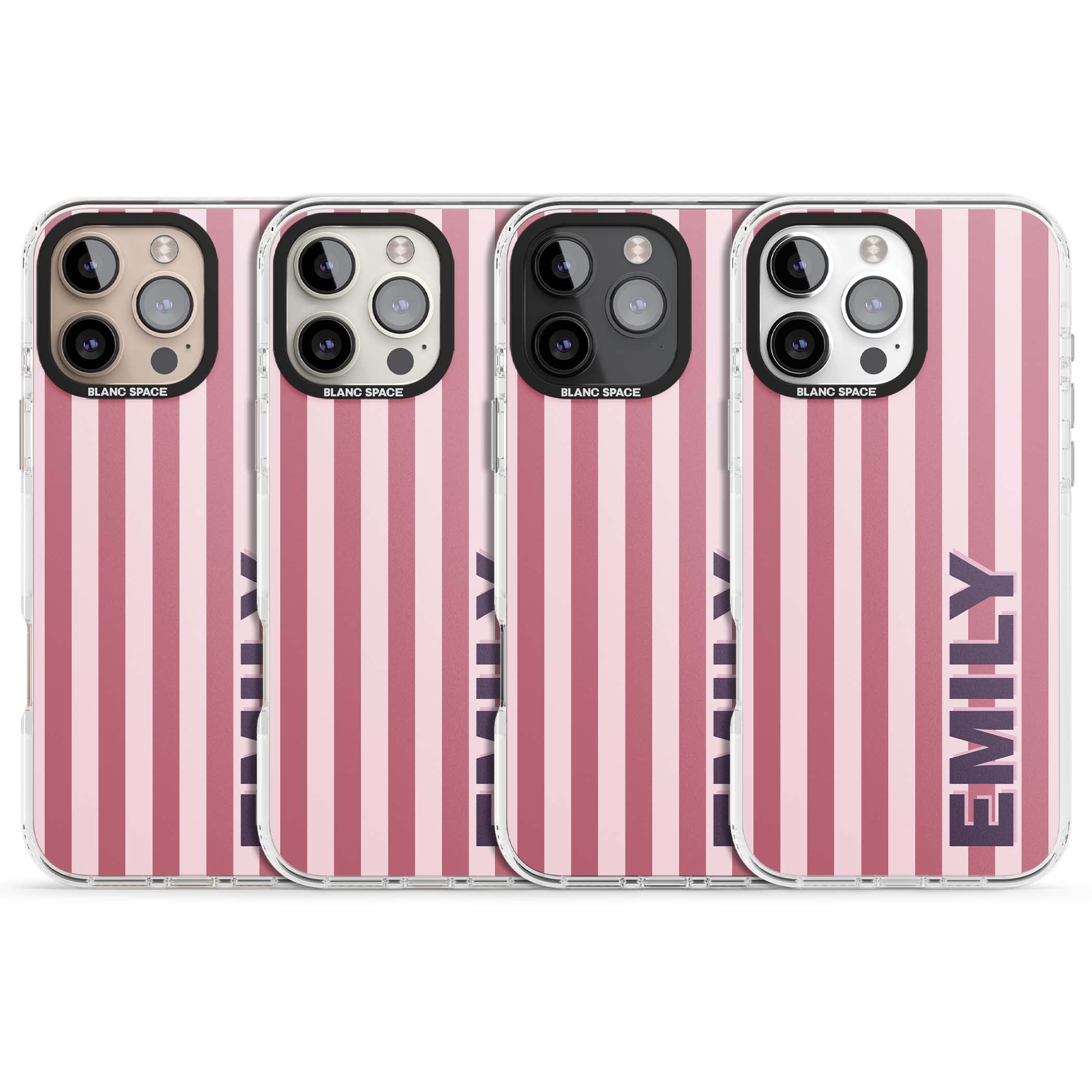 Victoria Stripe personalised iPhone case featuring pink vertical stripes and custom name in bold plum lettering | Clear Impact case for iPhone 16 Pro, iPhone 16 Pro Max