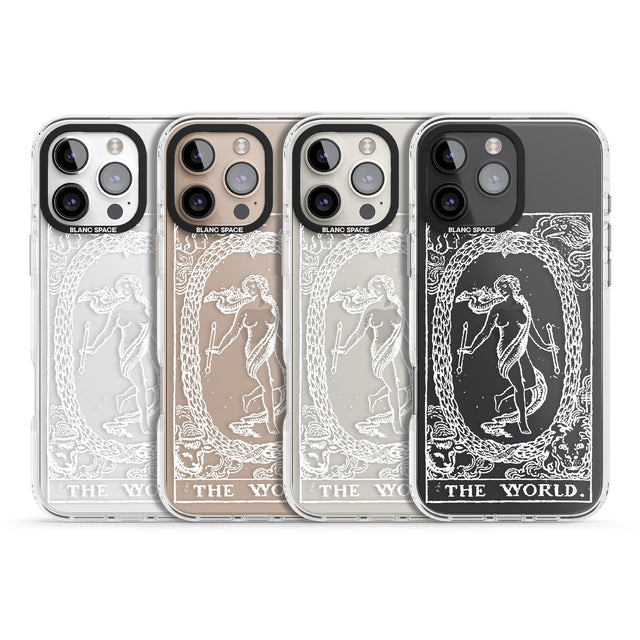 iPhone 16 Pro Max Personalised The World Tarot Card - White Transparent Black Impact Phone Case