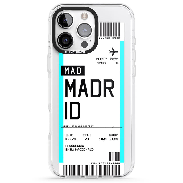 iPhone 16 Pro Max Personalised Madrid Boarding Pass Black Impact Phone Case