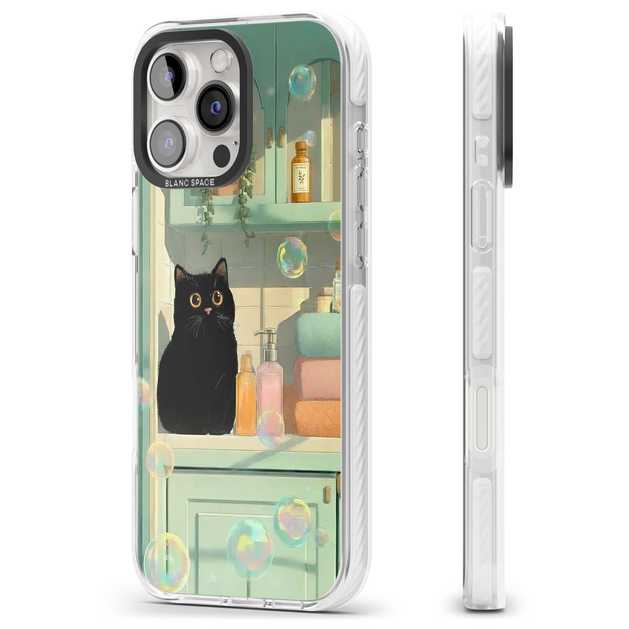 Bathroom Bubble Kitty cottagecore iPhone case featuring a black cat, mint bathroom scene and floating soap bubbles | Clear Impact case for iPhone 16 Pro, iPhone 16 Pro Max