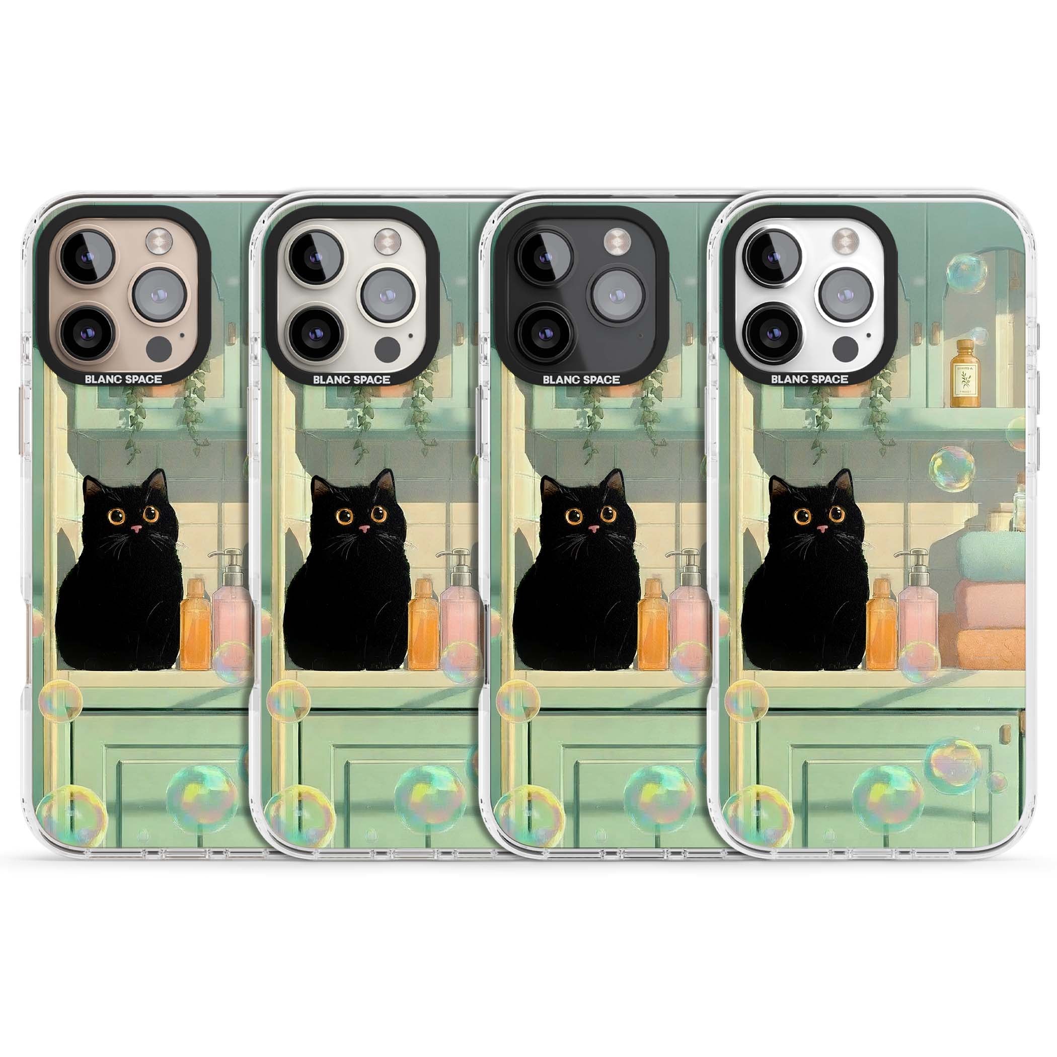 Bathroom Bubble Kitty cottagecore iPhone case featuring a black cat, mint bathroom scene and floating soap bubbles | Clear Impact case for iPhone 16 Pro, iPhone 16 Pro Max
