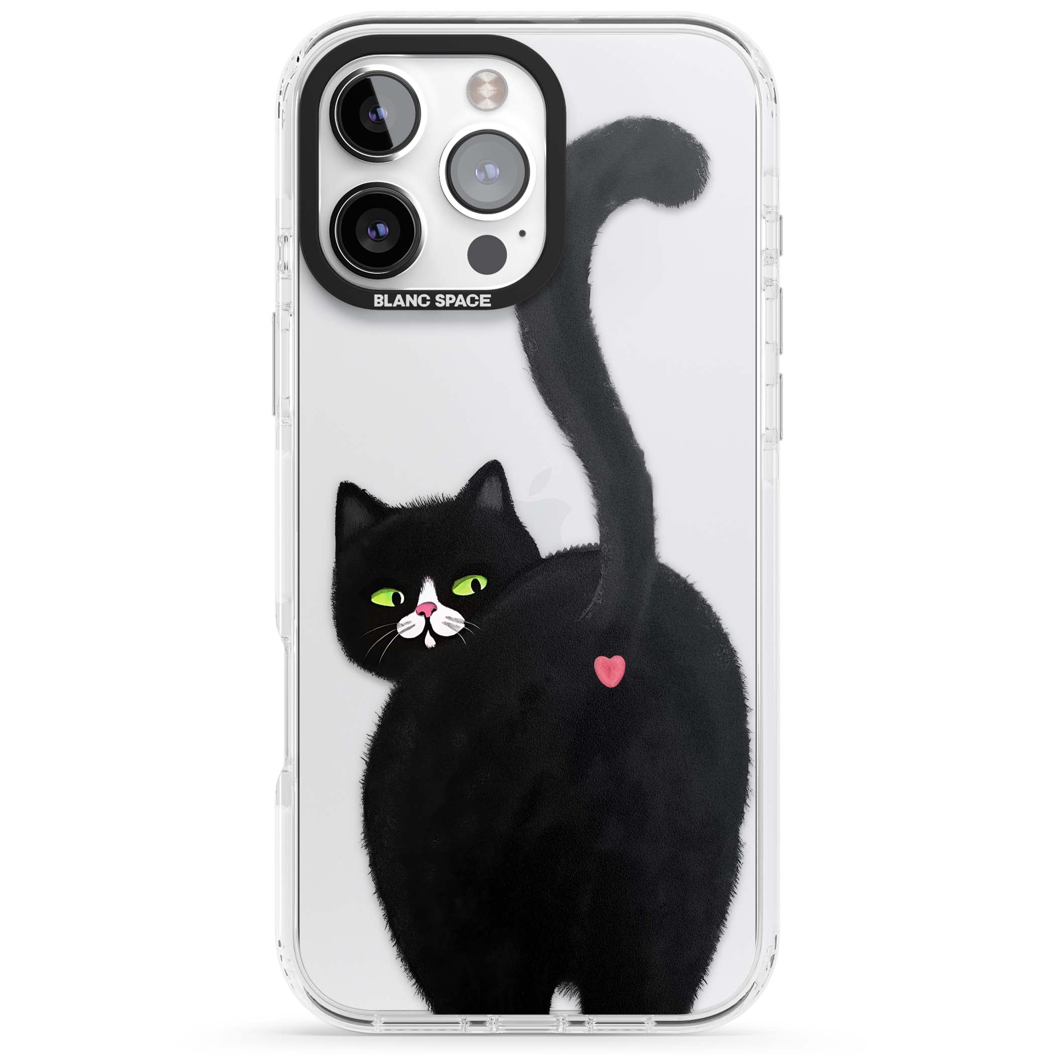 The Cat's Kiss cute cat iPhone case featuring a hand-painted tuxedo kitty with green eyes and a pink heart on a clear  | Clear Impact case for iPhone 16 Pro, iPhone 16 Pro Max