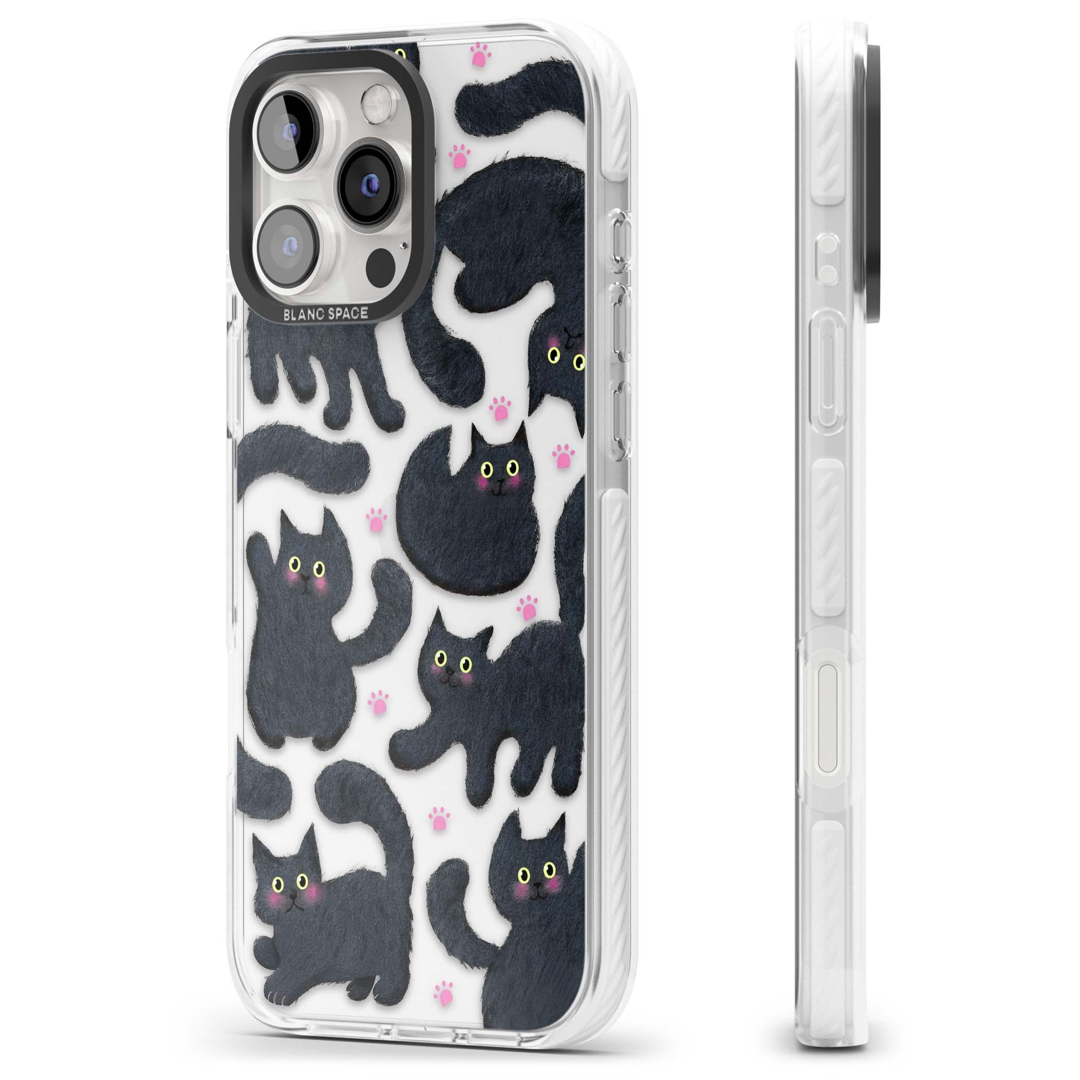 Midnight Cats cute iPhone case featuring black cat pattern with yellow eyes and pink paw prints | Clear Impact case for iPhone 16 Pro, iPhone 16 Pro Max