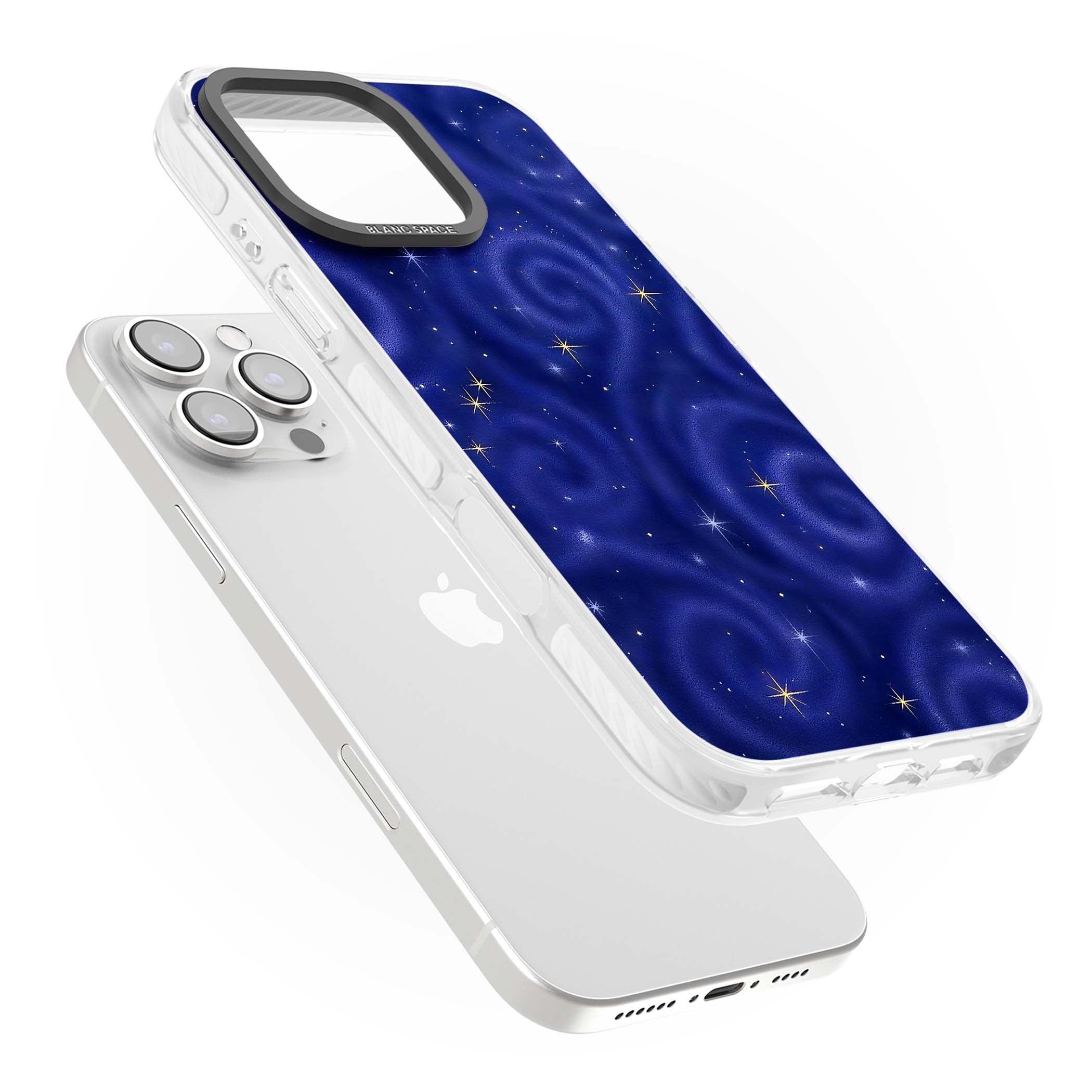 Indigo Cosmos celestial iPhone case featuring swirling navy night sky and sparkling golden stars | Clear Impact case for iPhone 16 Pro, iPhone 16 Pro Max