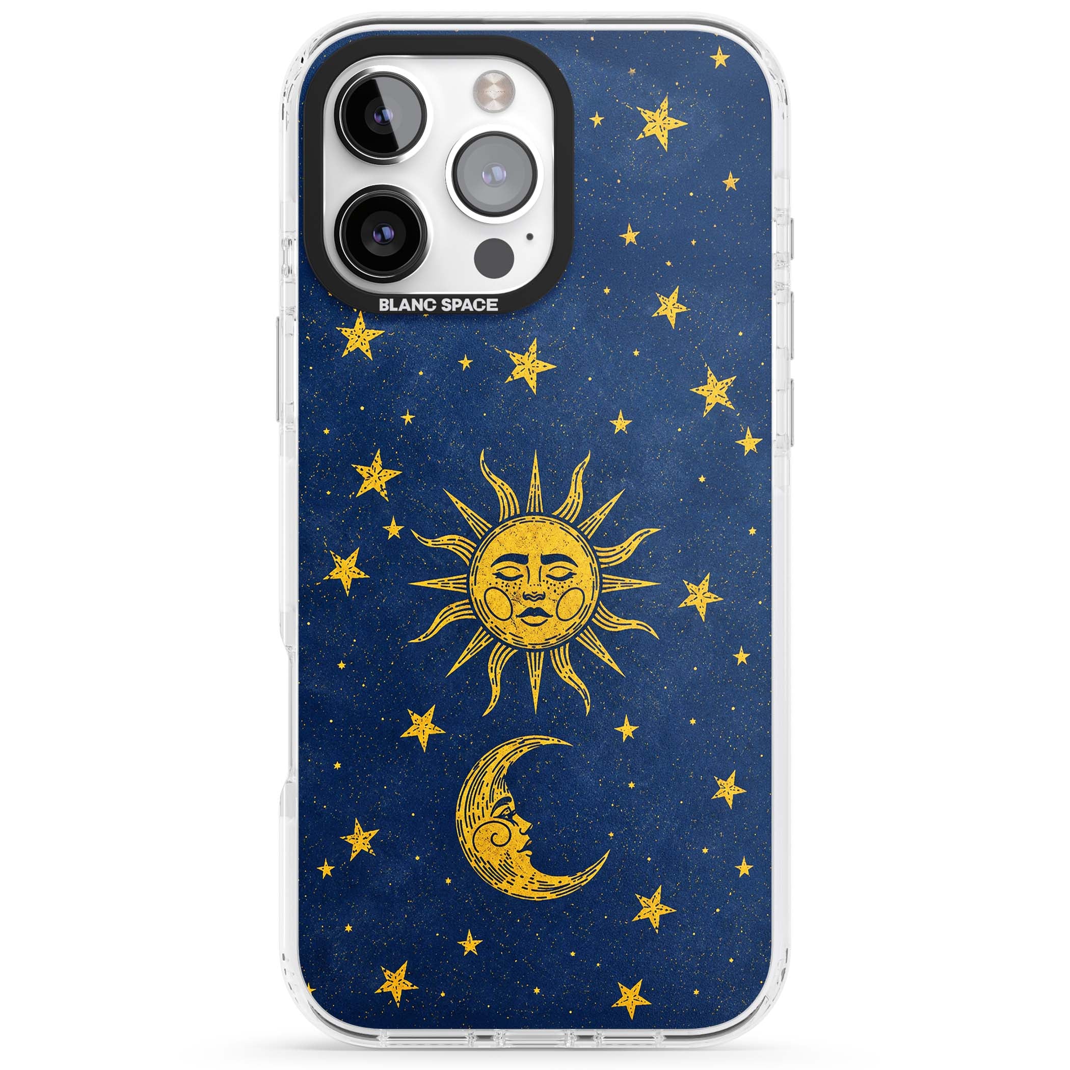 Sun & Moon Reverie celestial iPhone case featuring a vintage golden sun, crescent moon and scattered stars on midnight blue | Clear Impact case for iPhone 16 Pro, iPhone 16 Pro Max